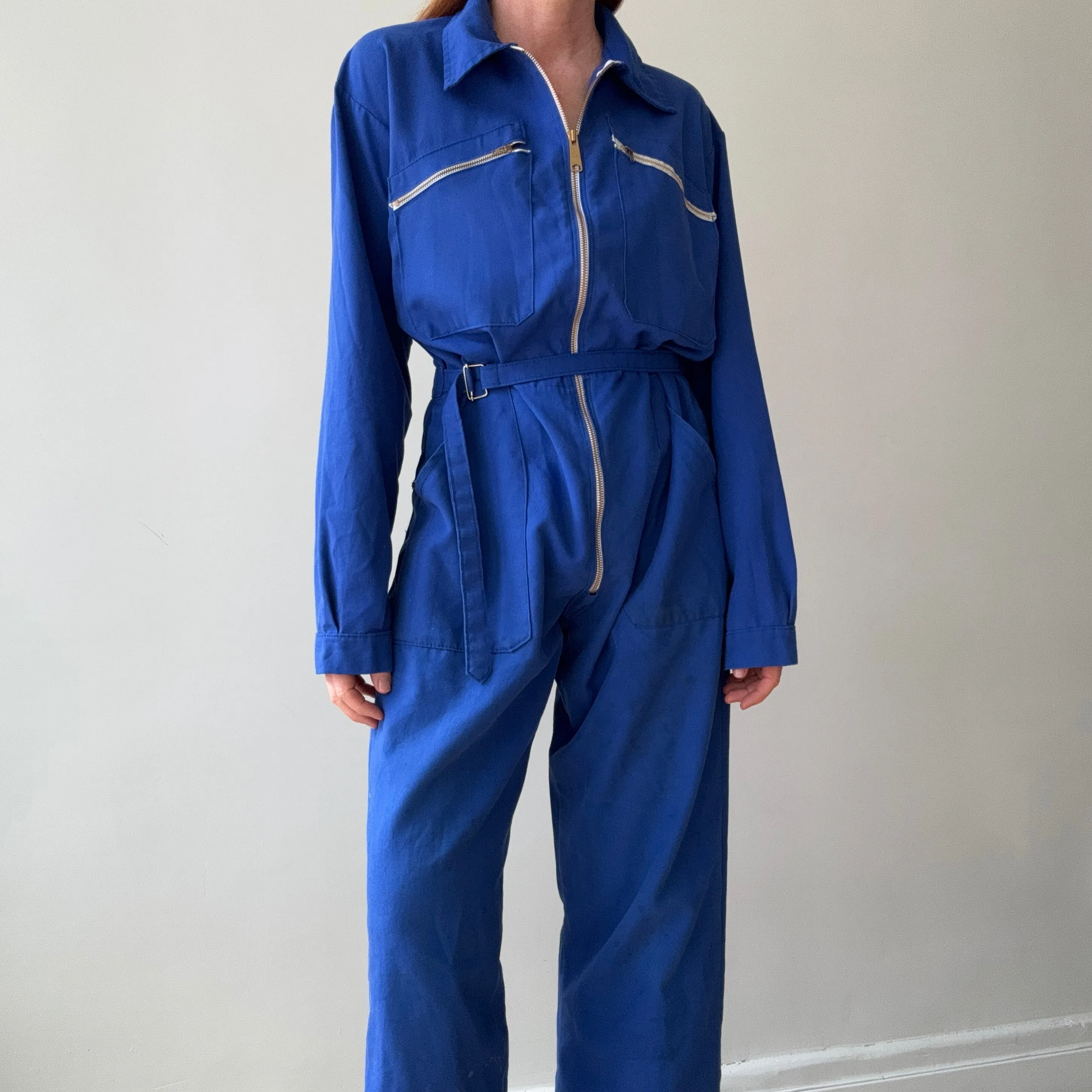 1970s French Blue Workwear Jumpsuit with Belt and Replaced Zipper - !!!!