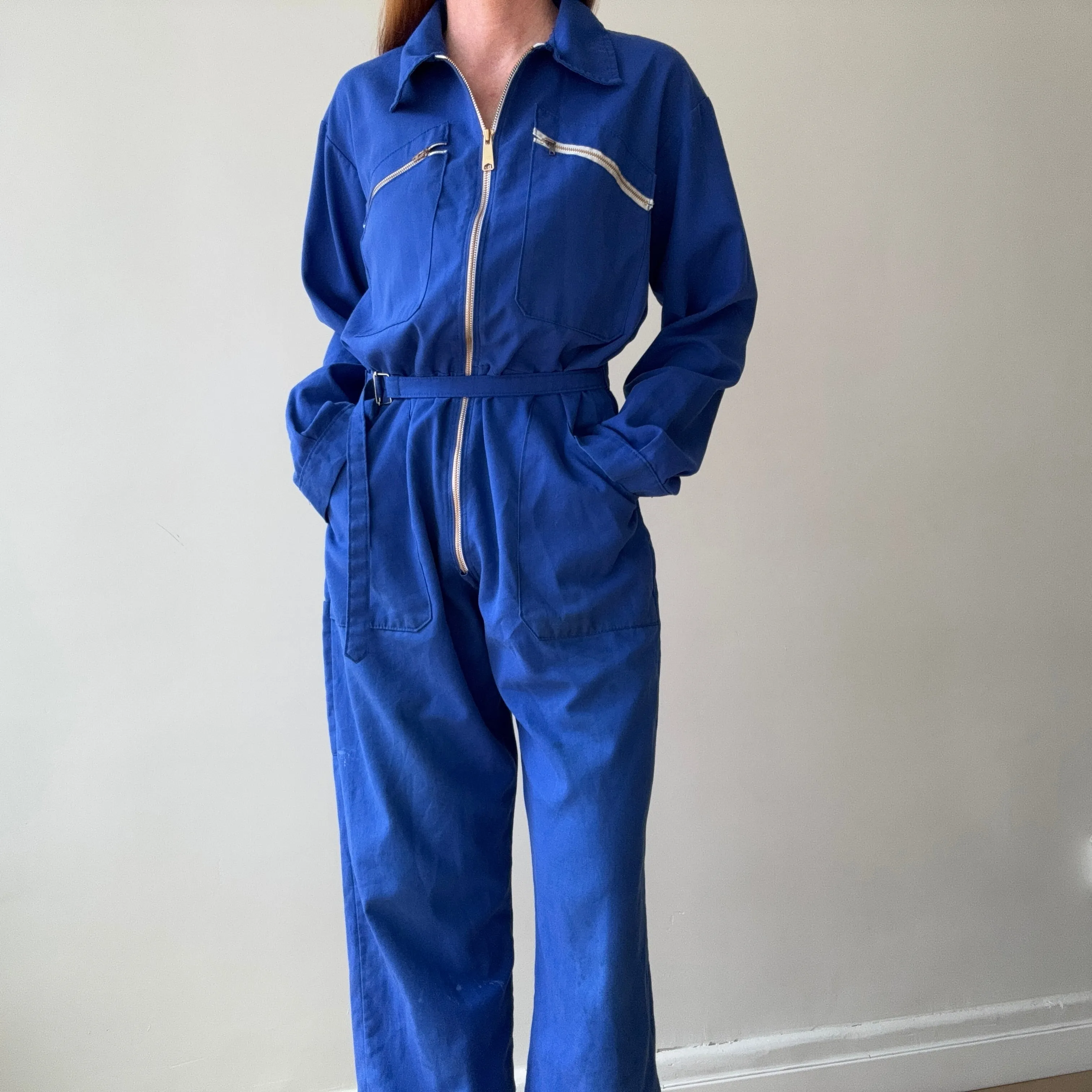1970s French Blue Workwear Jumpsuit with Belt and Replaced Zipper - !!!!