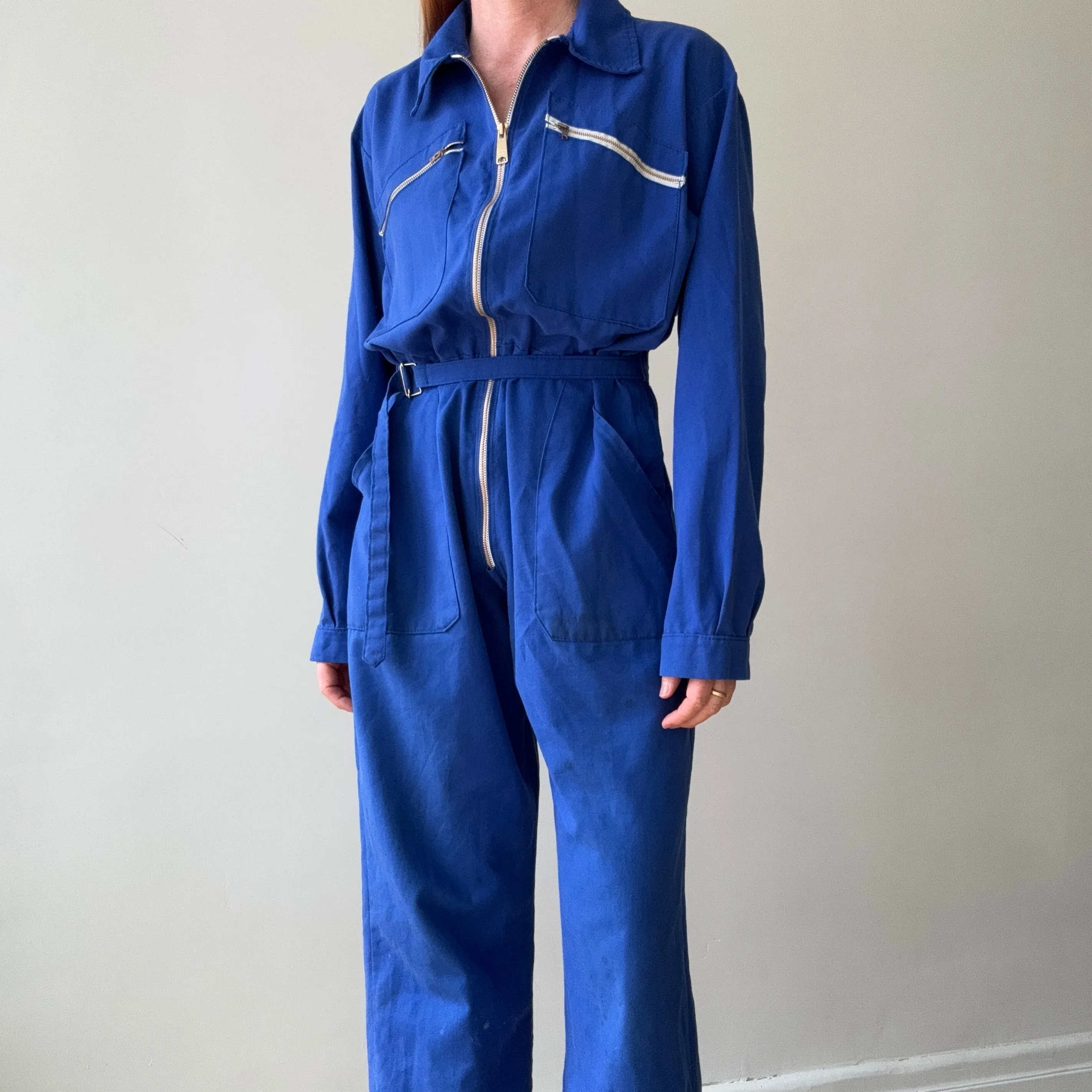1970s French Blue Workwear Jumpsuit with Belt and Replaced Zipper - !!!!