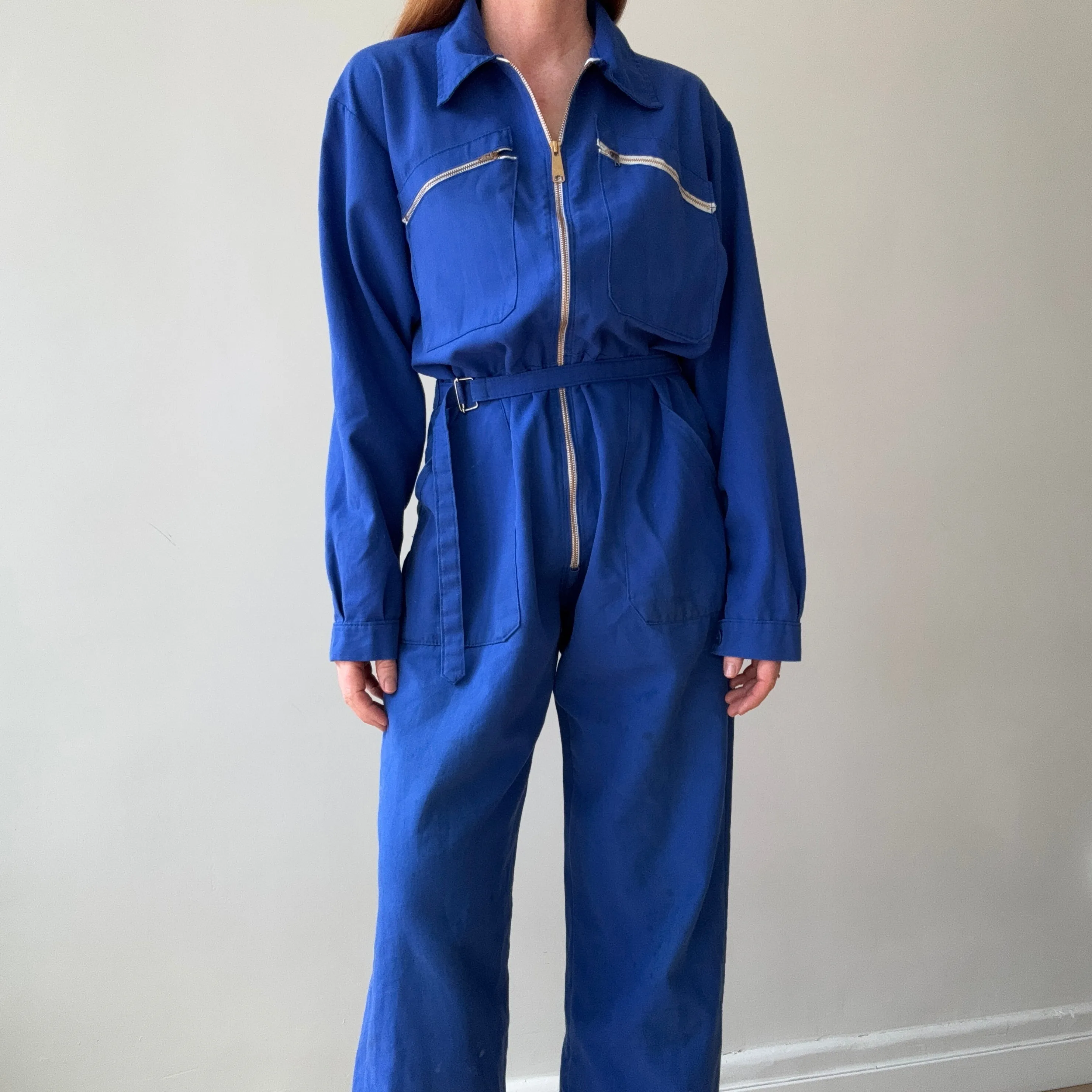 1970s French Blue Workwear Jumpsuit with Belt and Replaced Zipper - !!!!