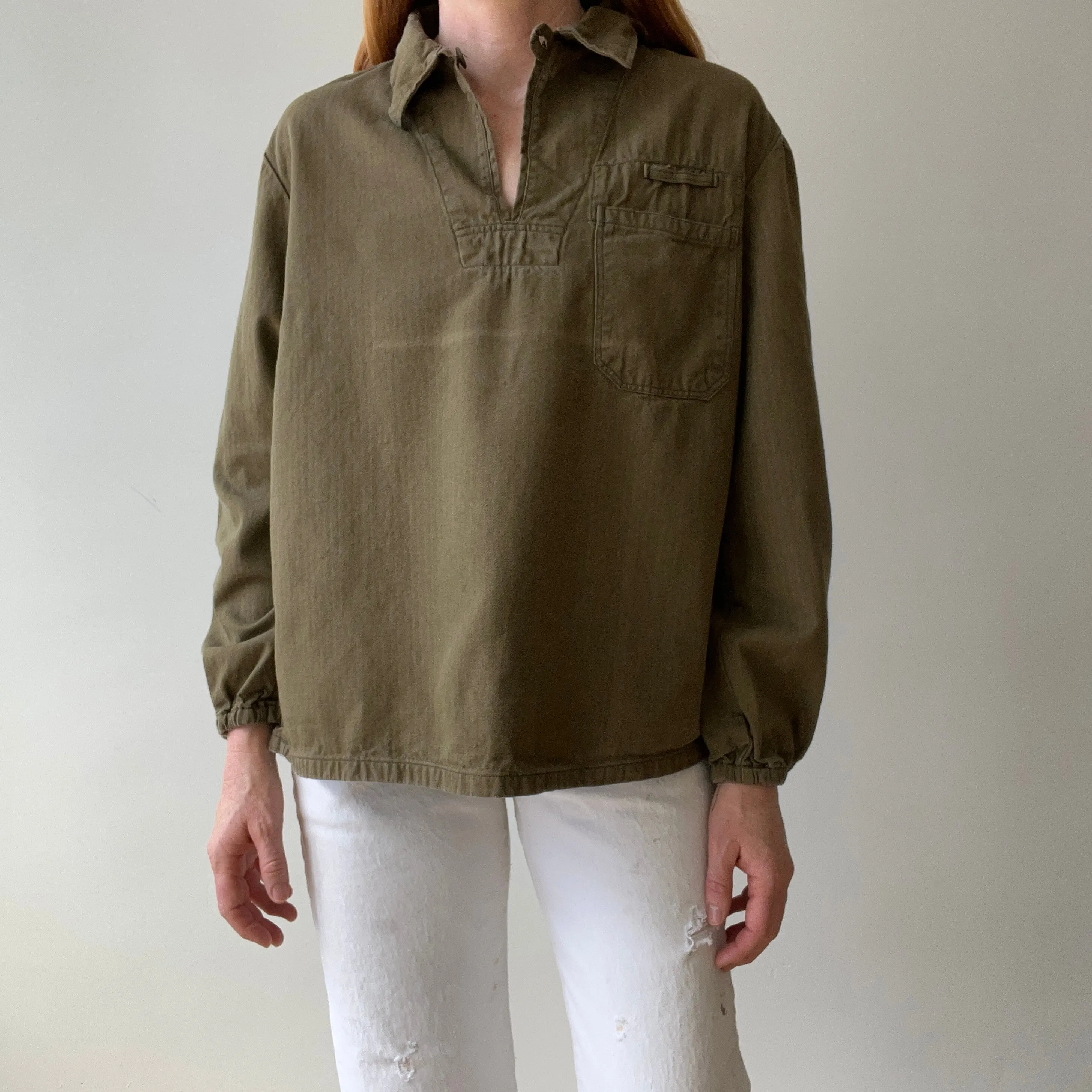 1970s HBT Olive Green Cotton Pullover Top with a Single Button
