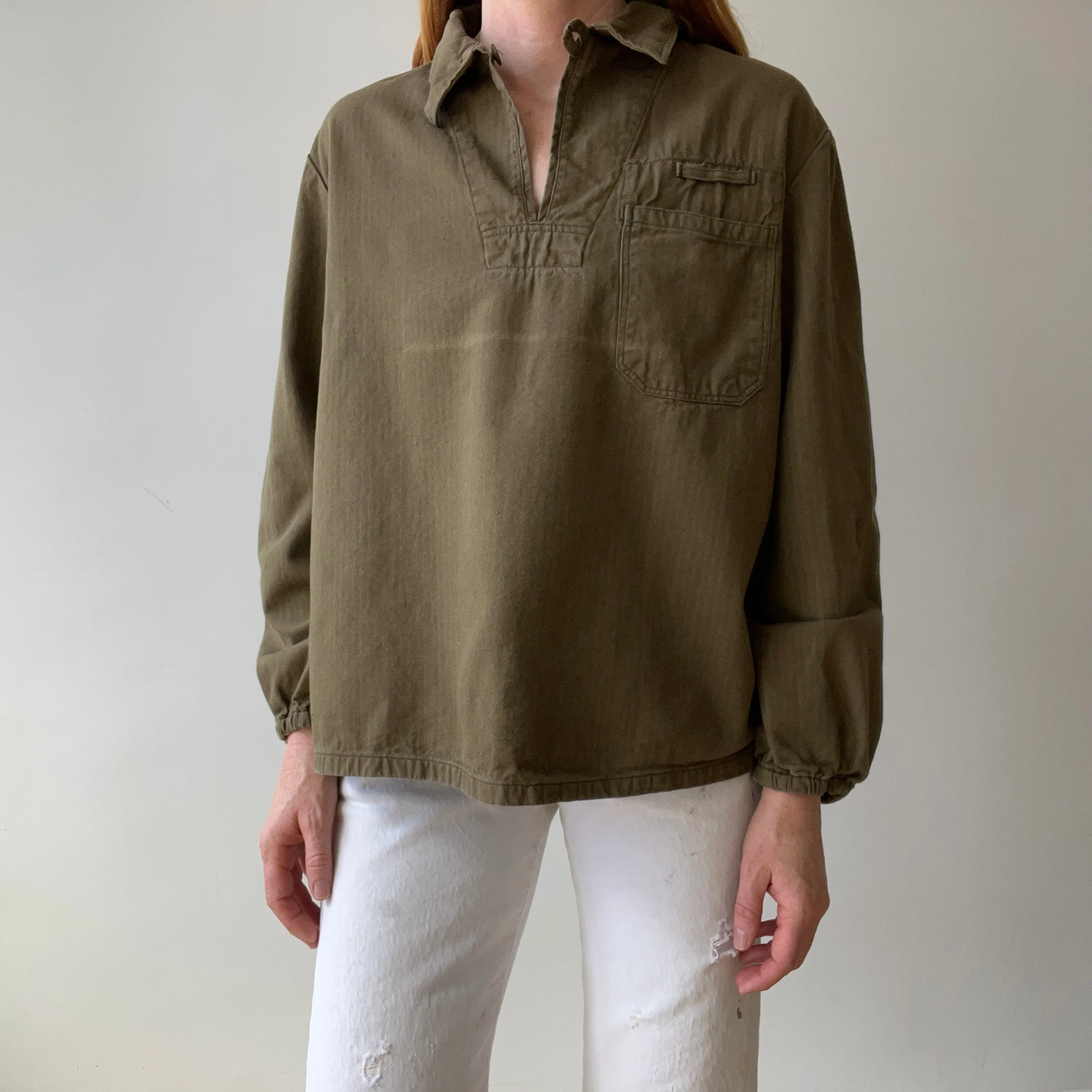 1970s HBT Olive Green Cotton Pullover Top with a Single Button