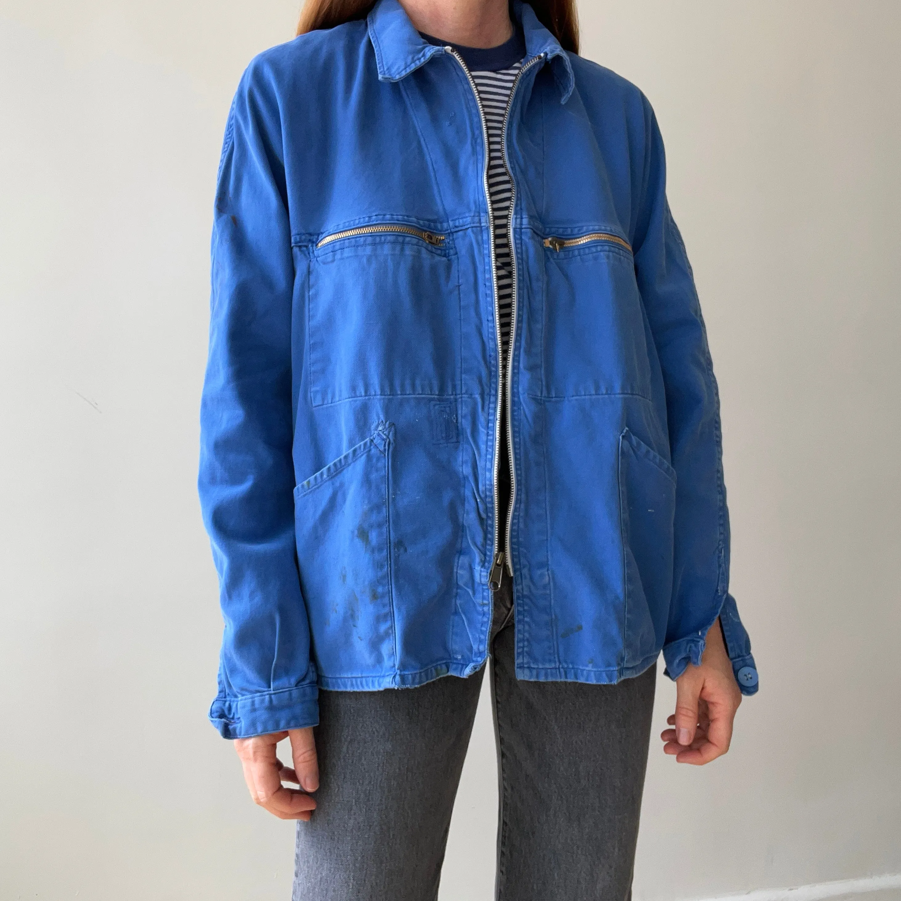 1970s Rare Aldophe Laporte Drop Shoulder Chore Coat with Mending and Replaced Zip