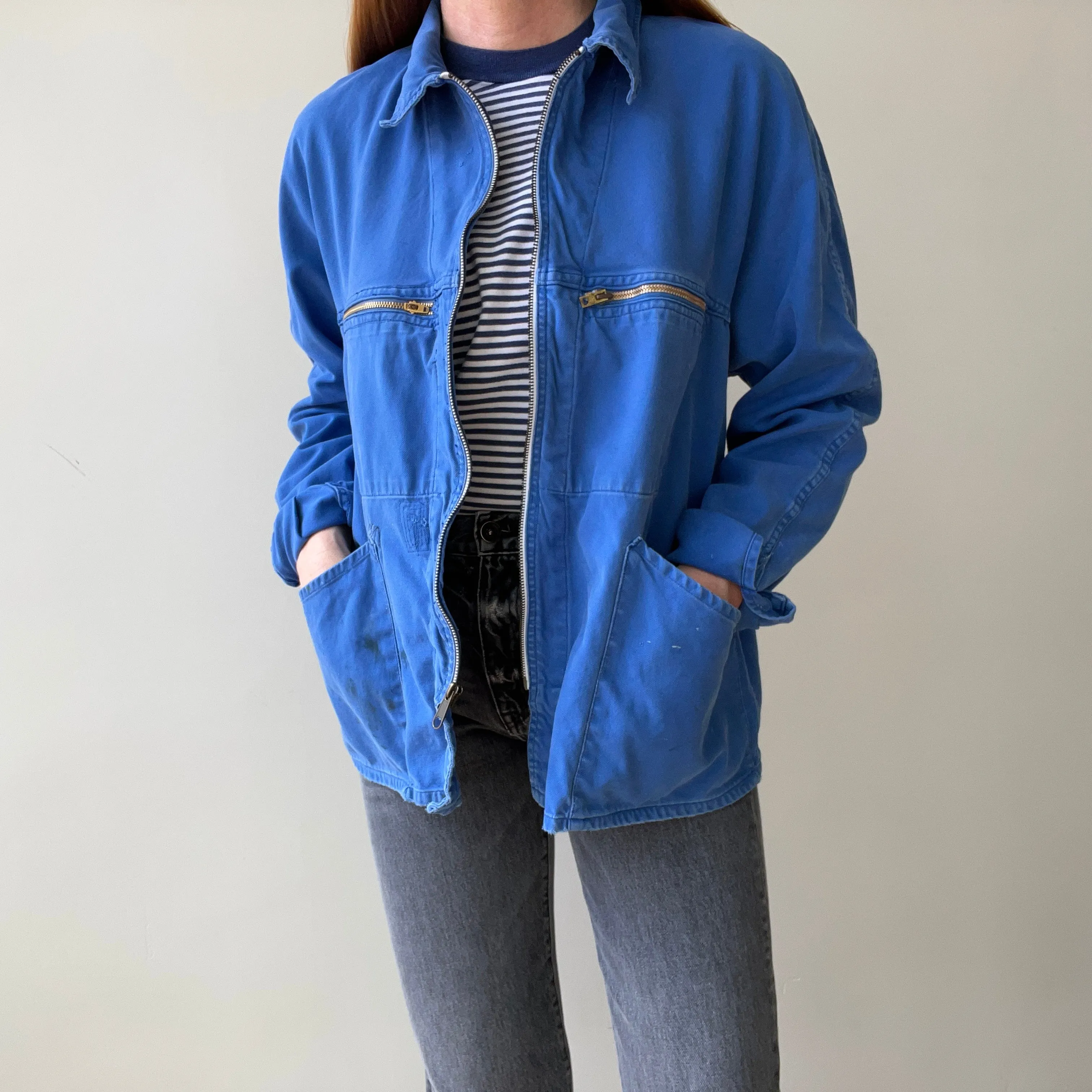 1970s Rare Aldophe Laporte Drop Shoulder Chore Coat with Mending and Replaced Zip