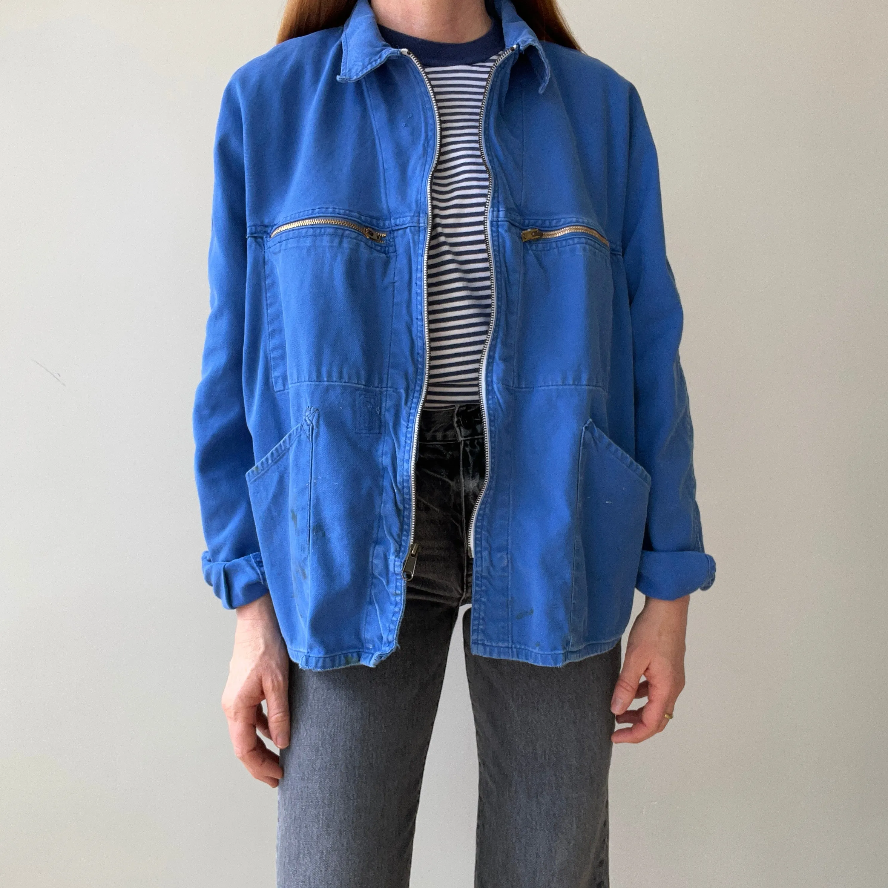 1970s Rare Aldophe Laporte Drop Shoulder Chore Coat with Mending and Replaced Zip