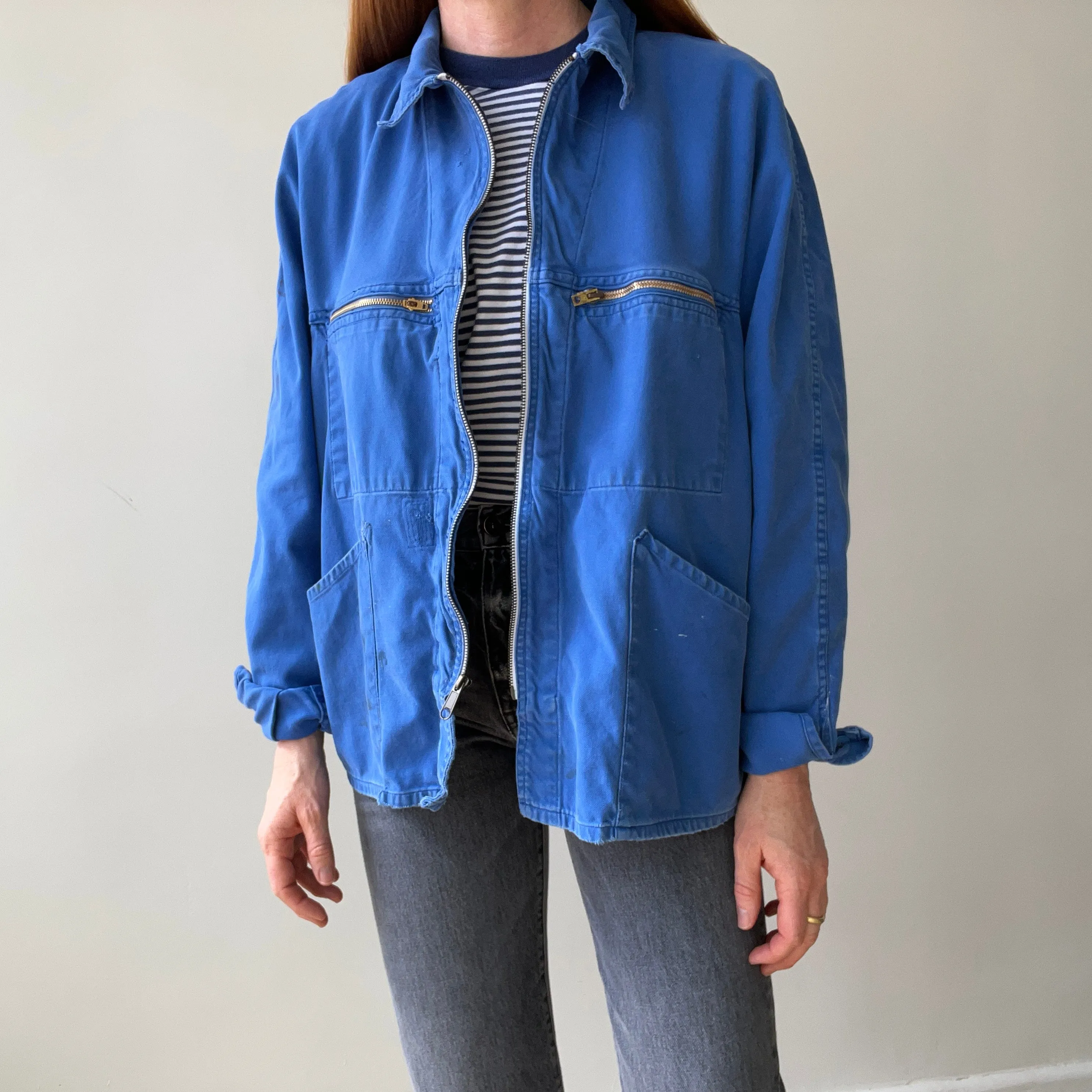 1970s Rare Aldophe Laporte Drop Shoulder Chore Coat with Mending and Replaced Zip