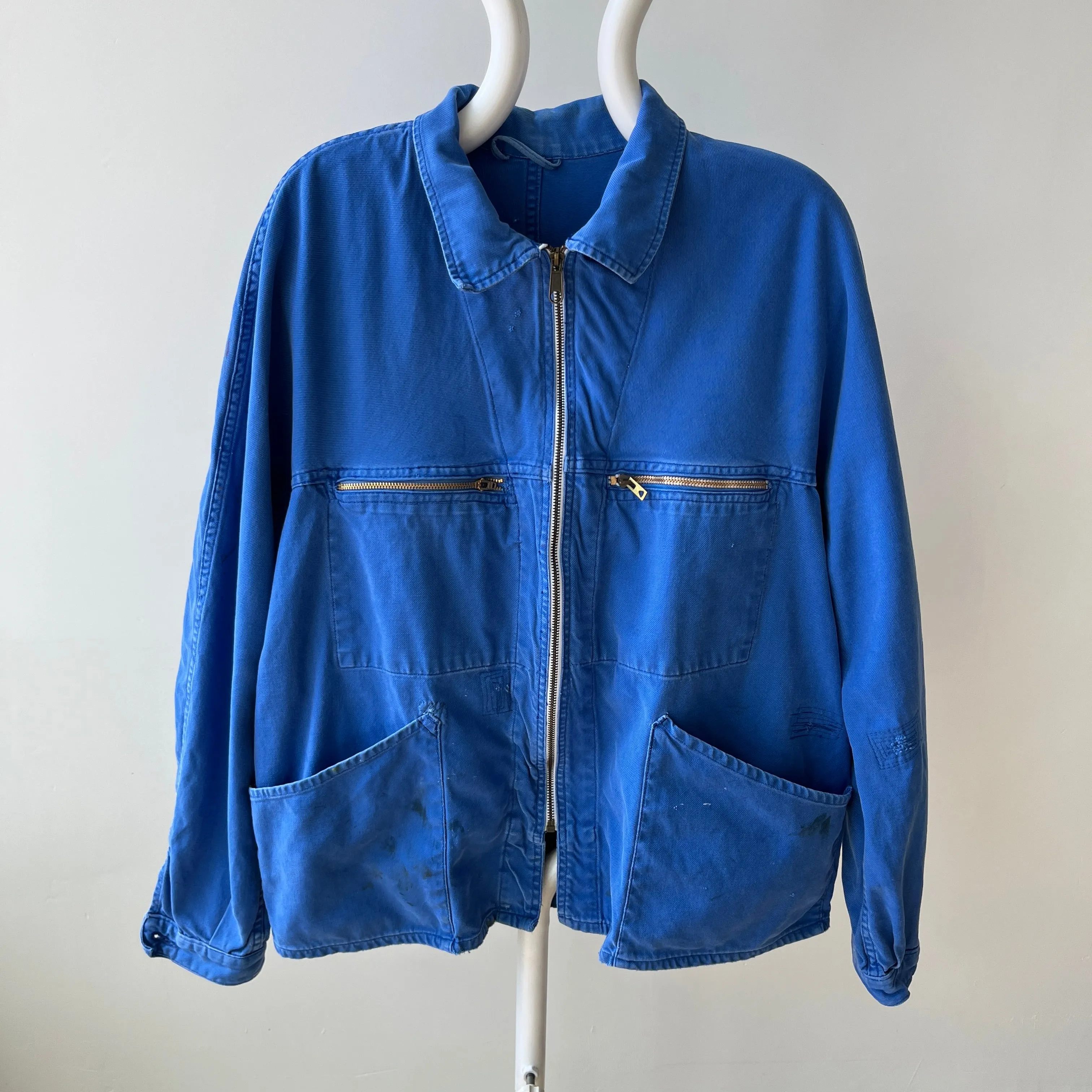 1970s Rare Aldophe Laporte Drop Shoulder Chore Coat with Mending and Replaced Zip