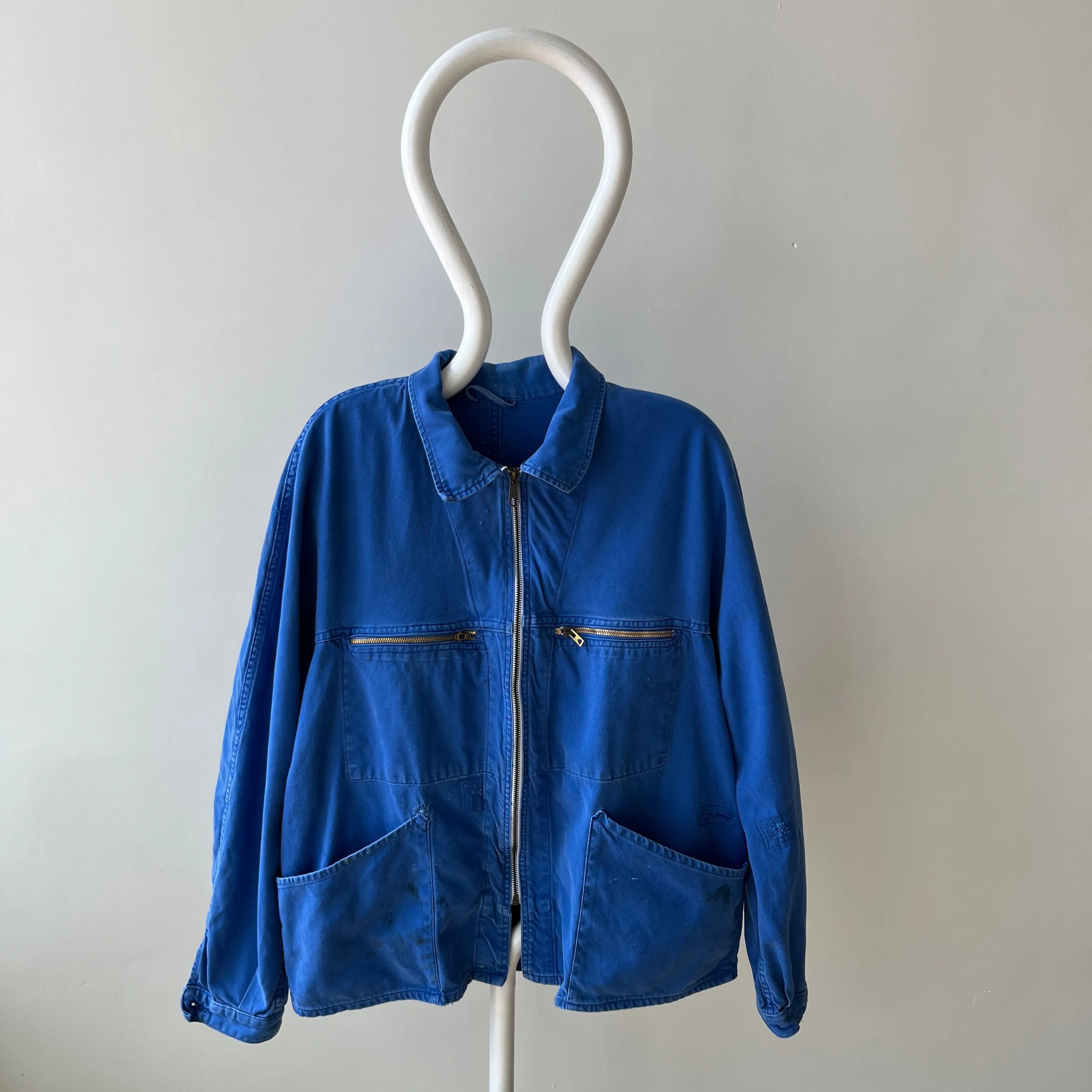 1970s Rare Aldophe Laporte Drop Shoulder Chore Coat with Mending and Replaced Zip