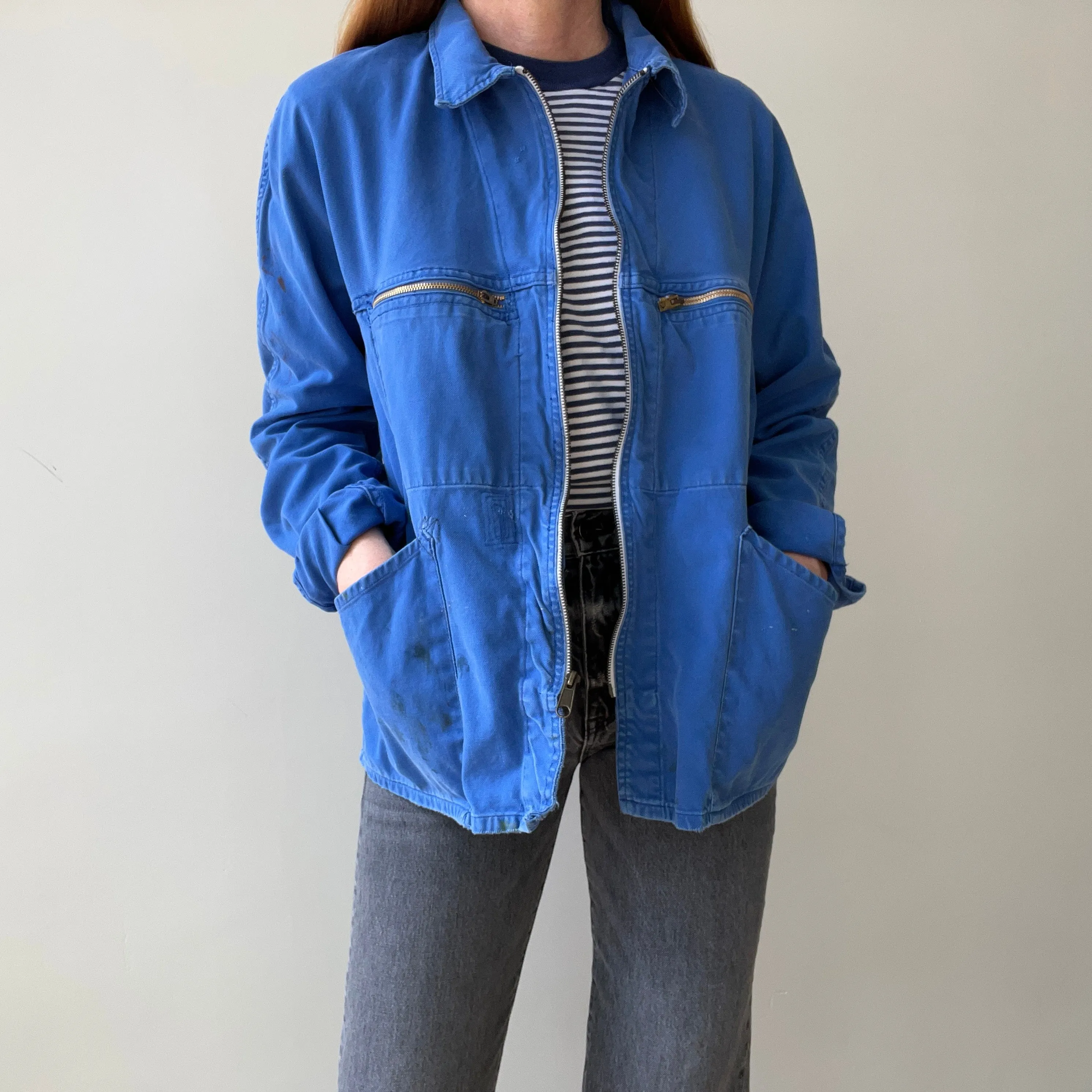 1970s Rare Aldophe Laporte Drop Shoulder Chore Coat with Mending and Replaced Zip