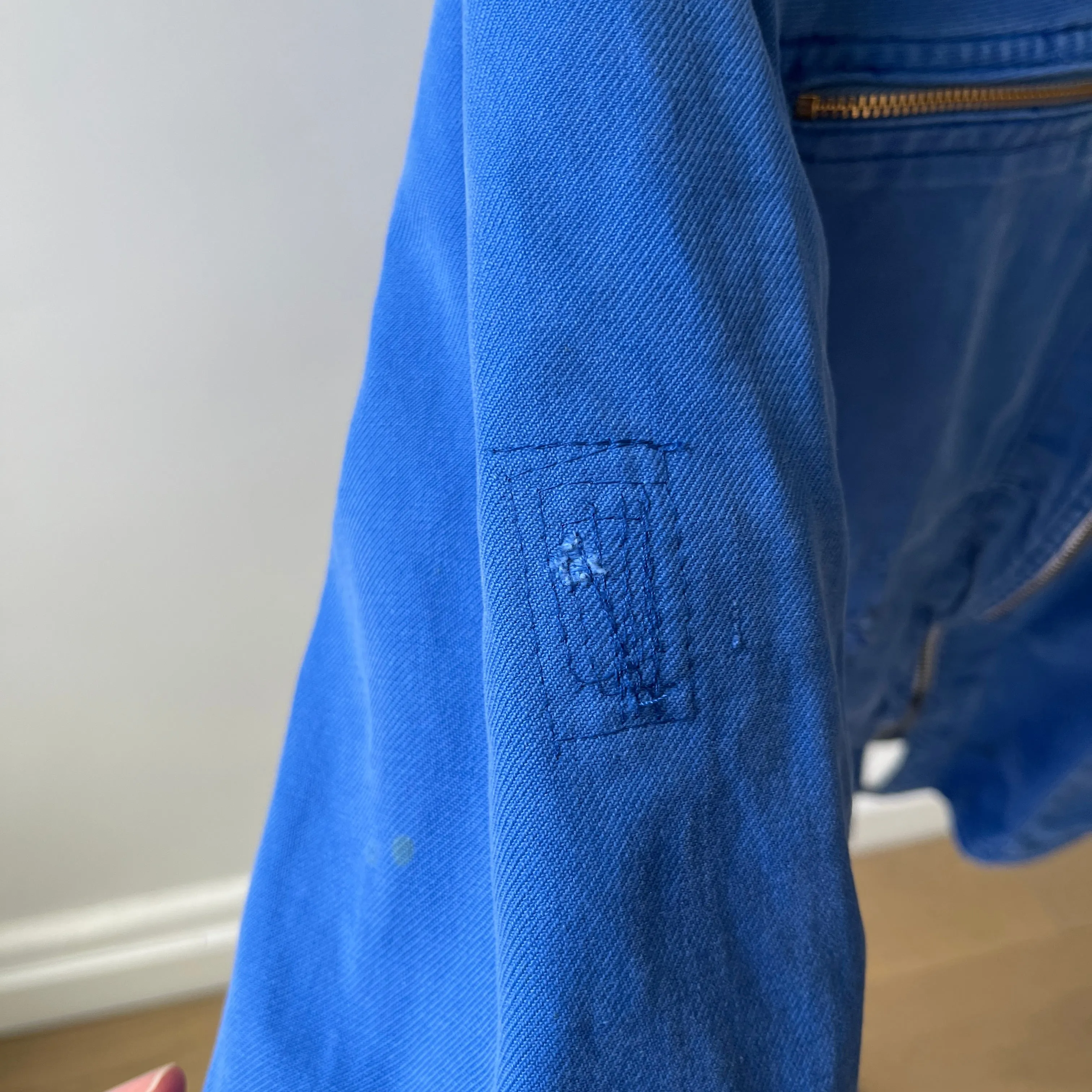 1970s Rare Aldophe Laporte Drop Shoulder Chore Coat with Mending and Replaced Zip