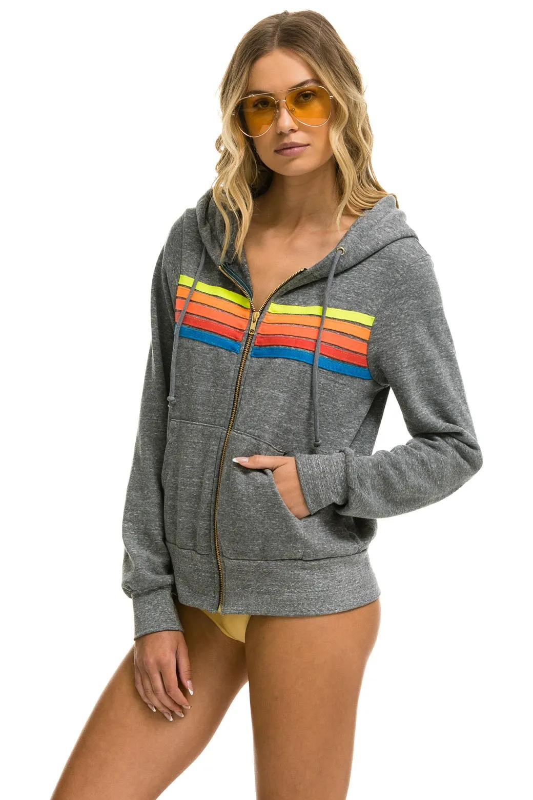 5 STRIPE HOODIE - HEATHER GREY // NEON RAINBOW