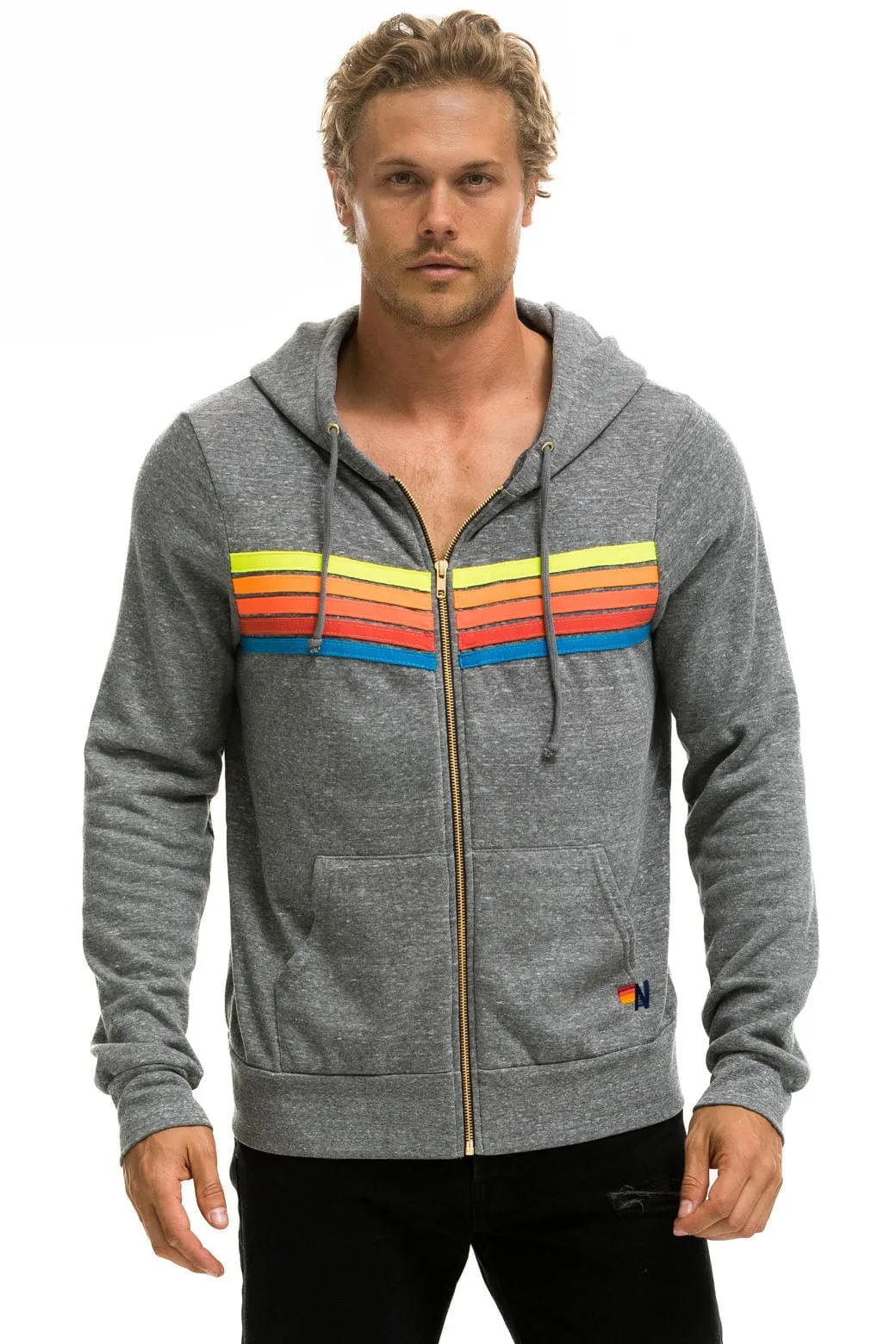 5 STRIPE HOODIE - HEATHER GREY // NEON RAINBOW