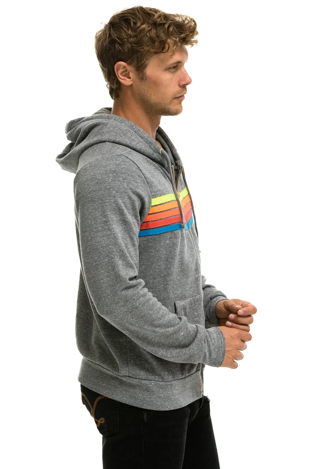 5 STRIPE HOODIE - HEATHER GREY // NEON RAINBOW