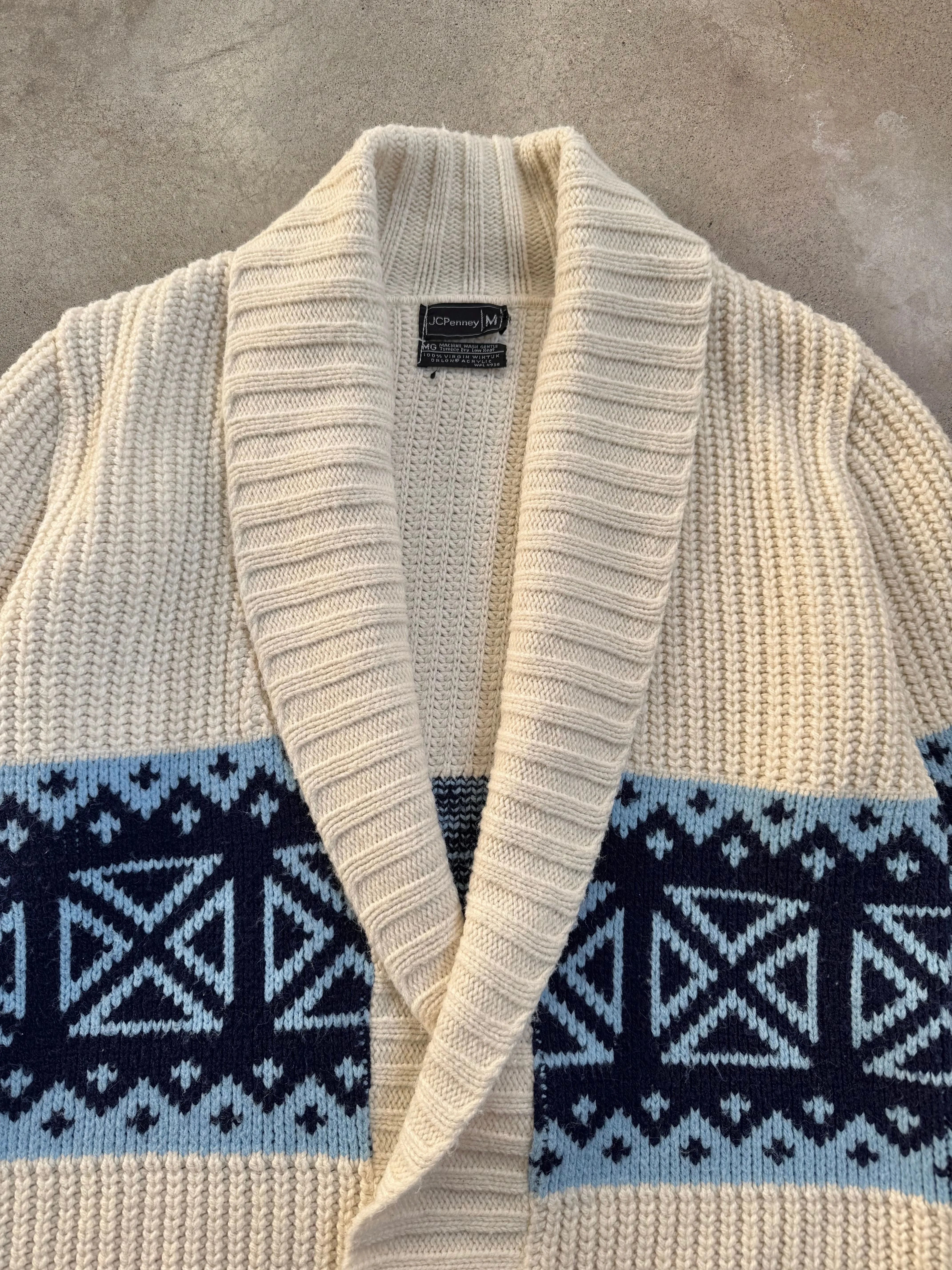 70s Vintage JCPenney Cream & Blue Patterned Cardigan (M)