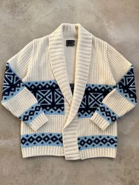 70s Vintage JCPenney Cream & Blue Patterned Cardigan (M)