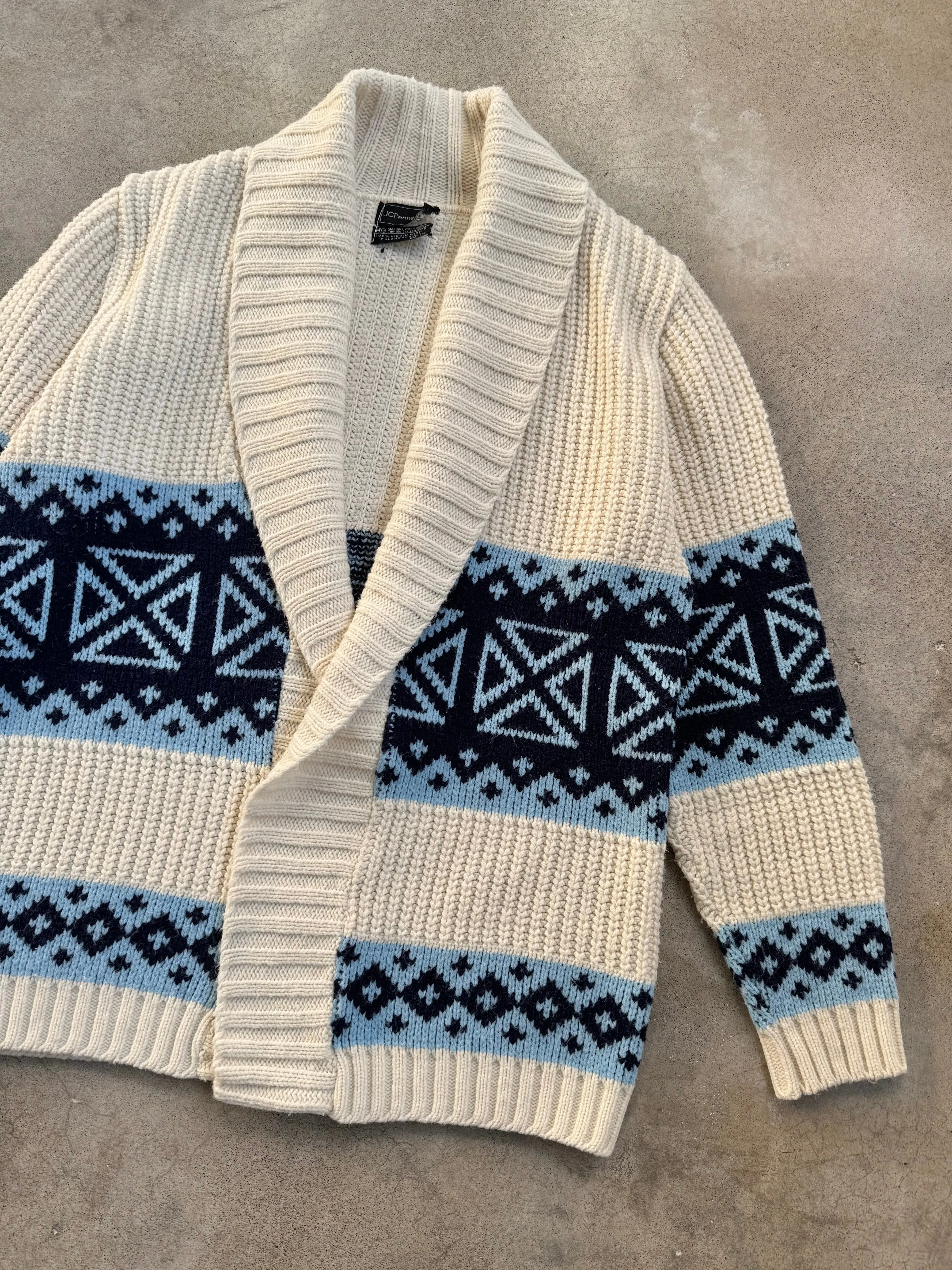 70s Vintage JCPenney Cream & Blue Patterned Cardigan (M)