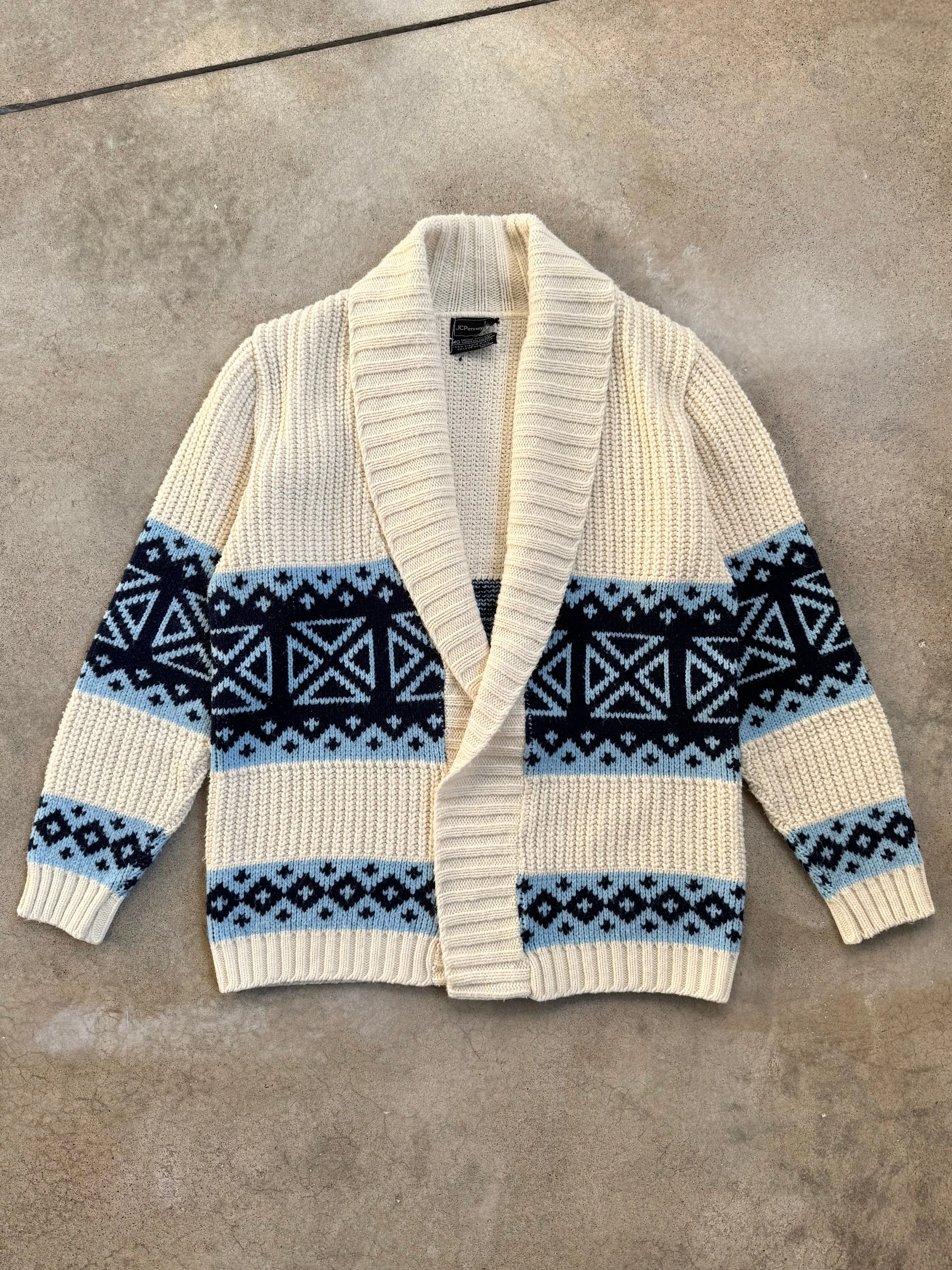 70s Vintage JCPenney Cream & Blue Patterned Cardigan (M)