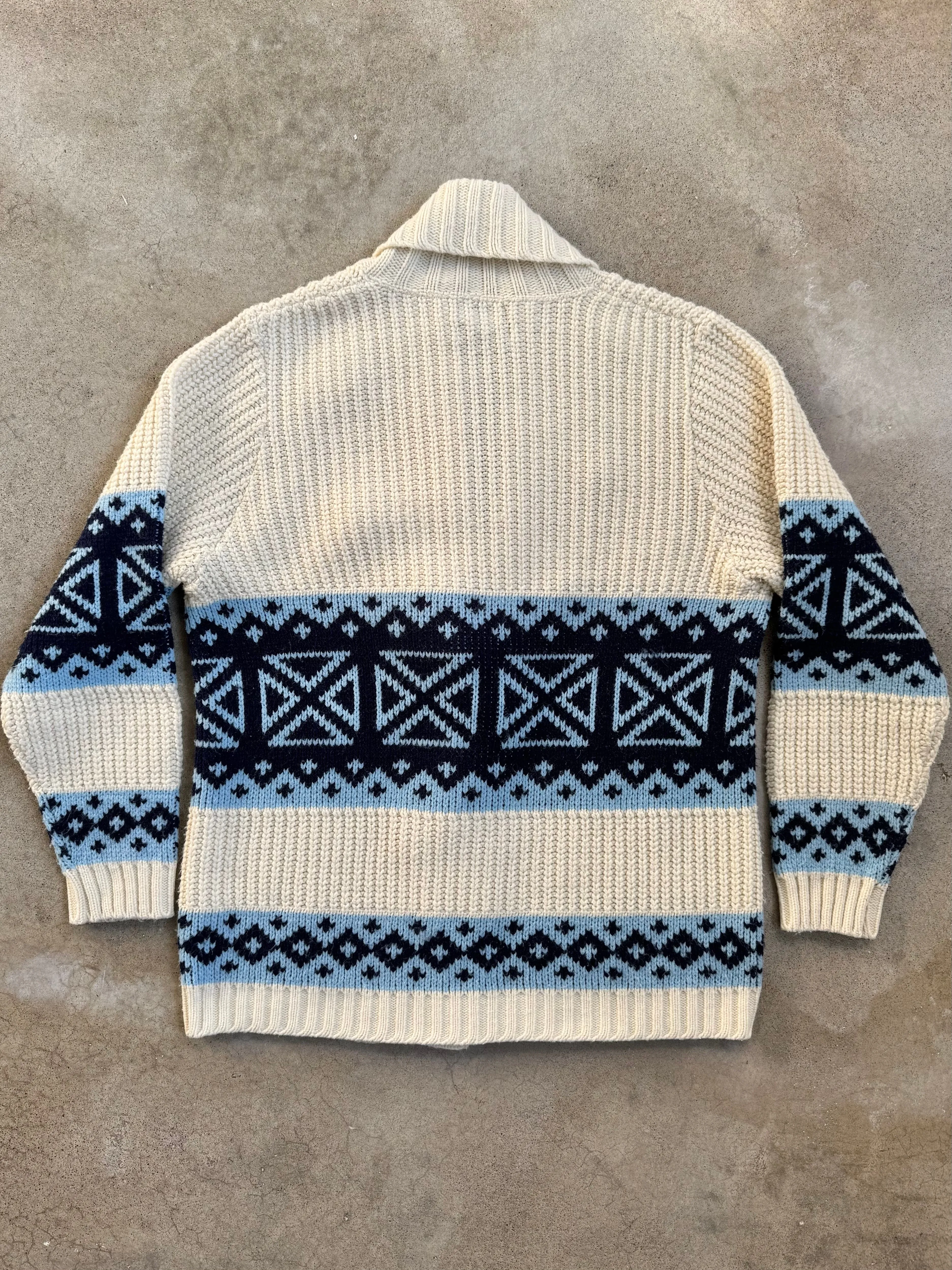 70s Vintage JCPenney Cream & Blue Patterned Cardigan (M)