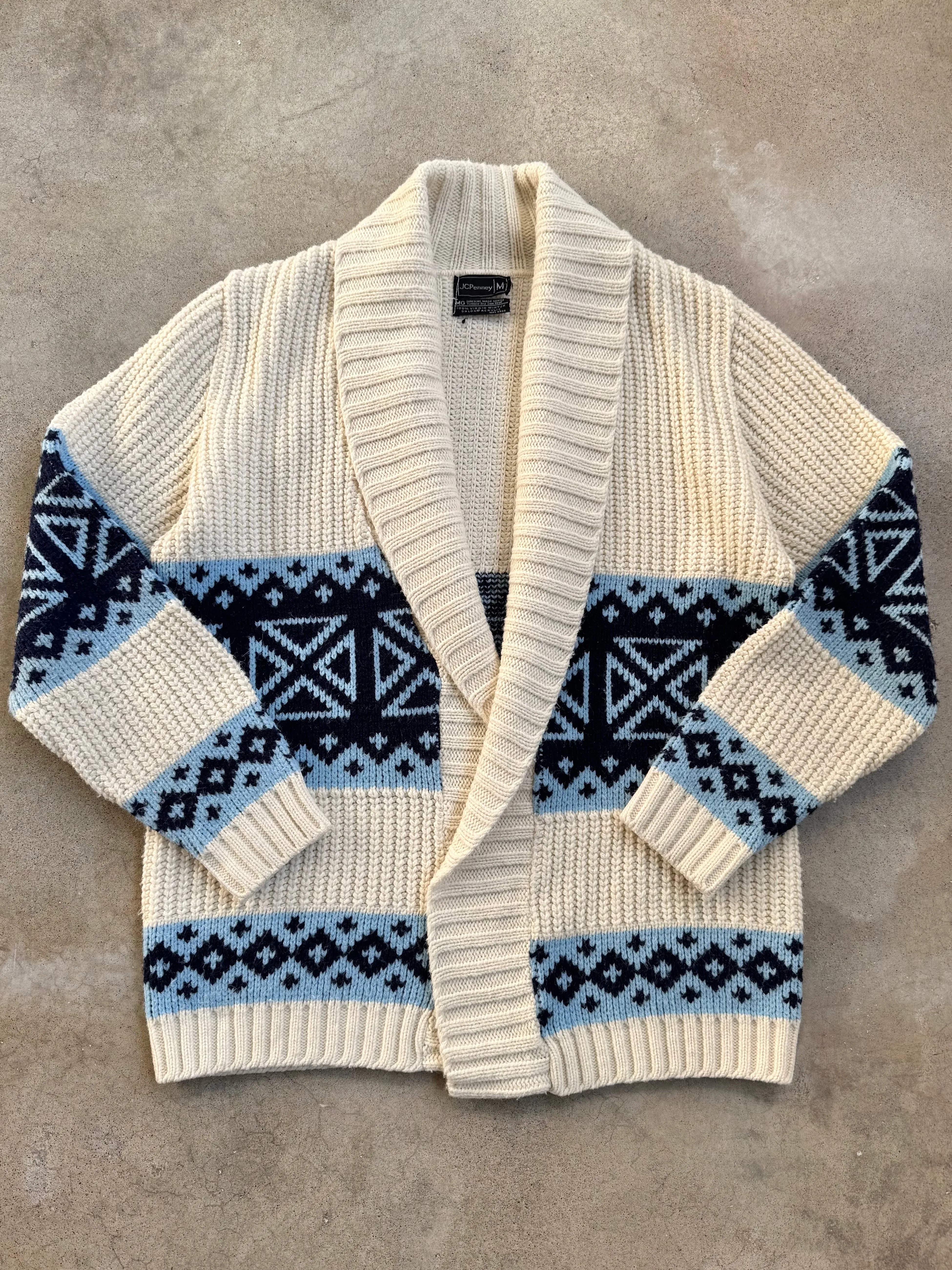 70s Vintage JCPenney Cream & Blue Patterned Cardigan (M)