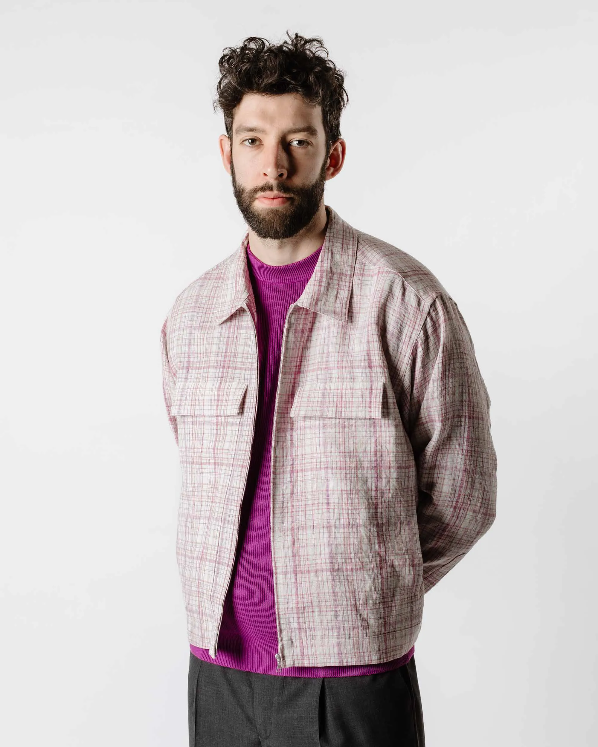 Auralee Linen Silk Check Zip Blouson White Purple Check