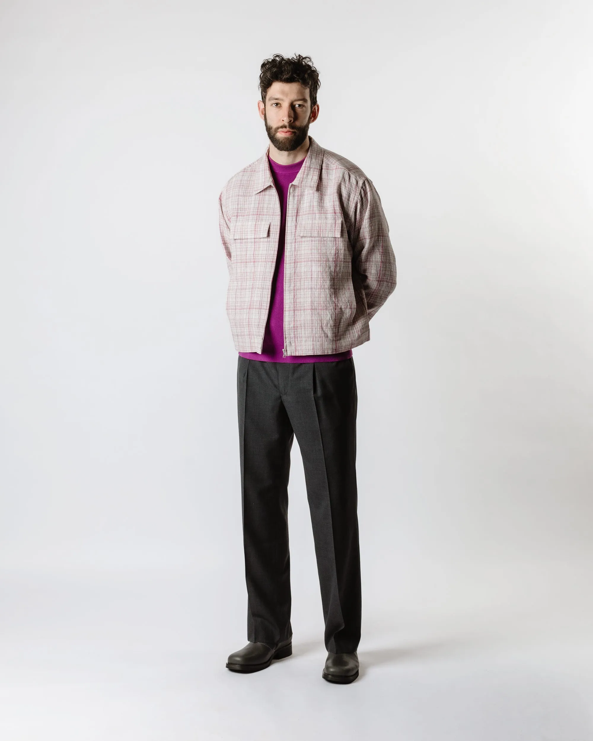 Auralee Linen Silk Check Zip Blouson White Purple Check