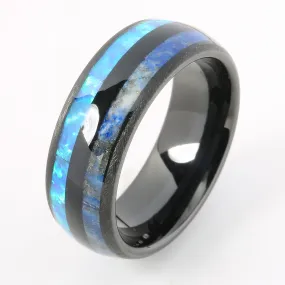 Black Tungsten Lapis Lazuli and Opal Inlaid Double Row Oval Wedding Ring 8mm