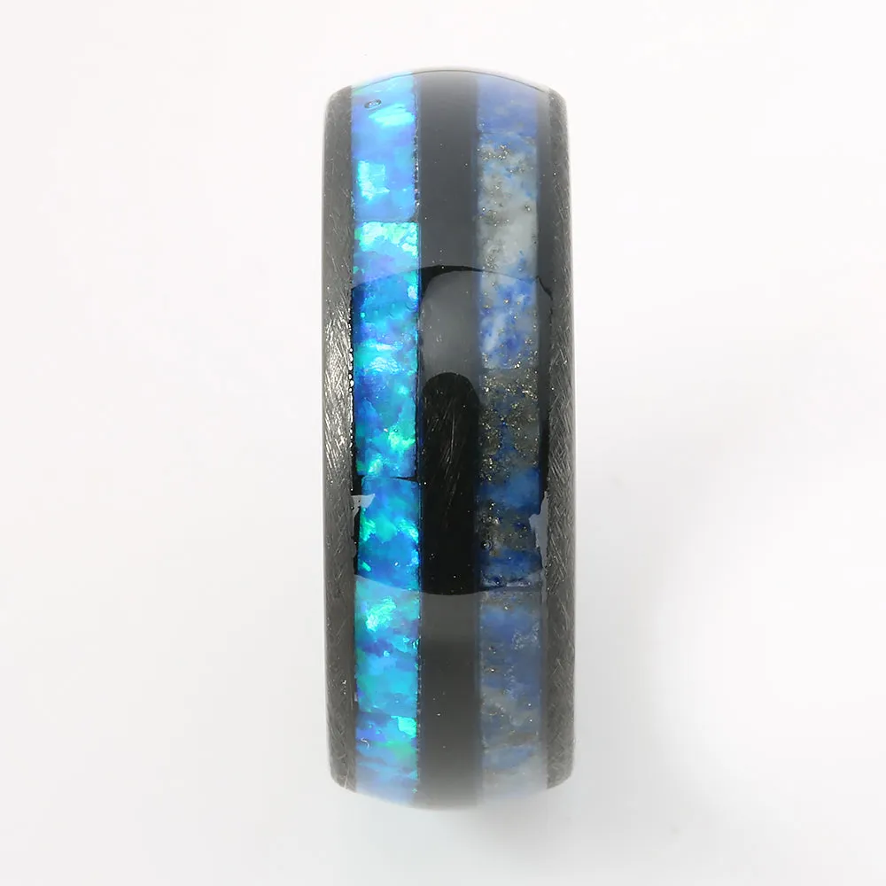 Black Tungsten Lapis Lazuli and Opal Inlaid Double Row Oval Wedding Ring 8mm