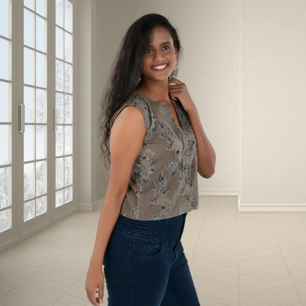Brown Floral Top | Ajrakh Hand Block Printed | Everyday Elegance
