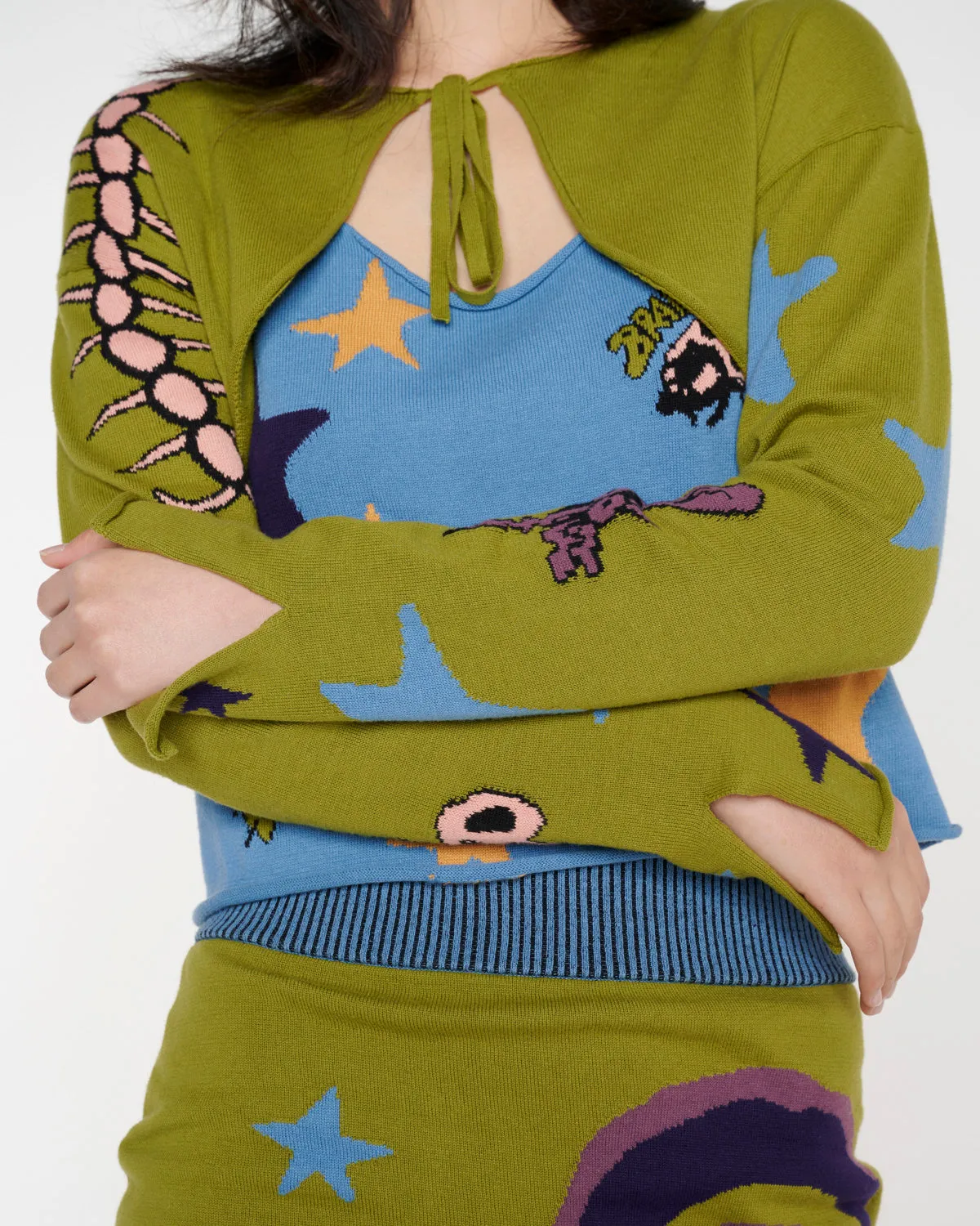 Buggin' Out Neppy Bolero Sleeve Cardigan & Top Set - Olive