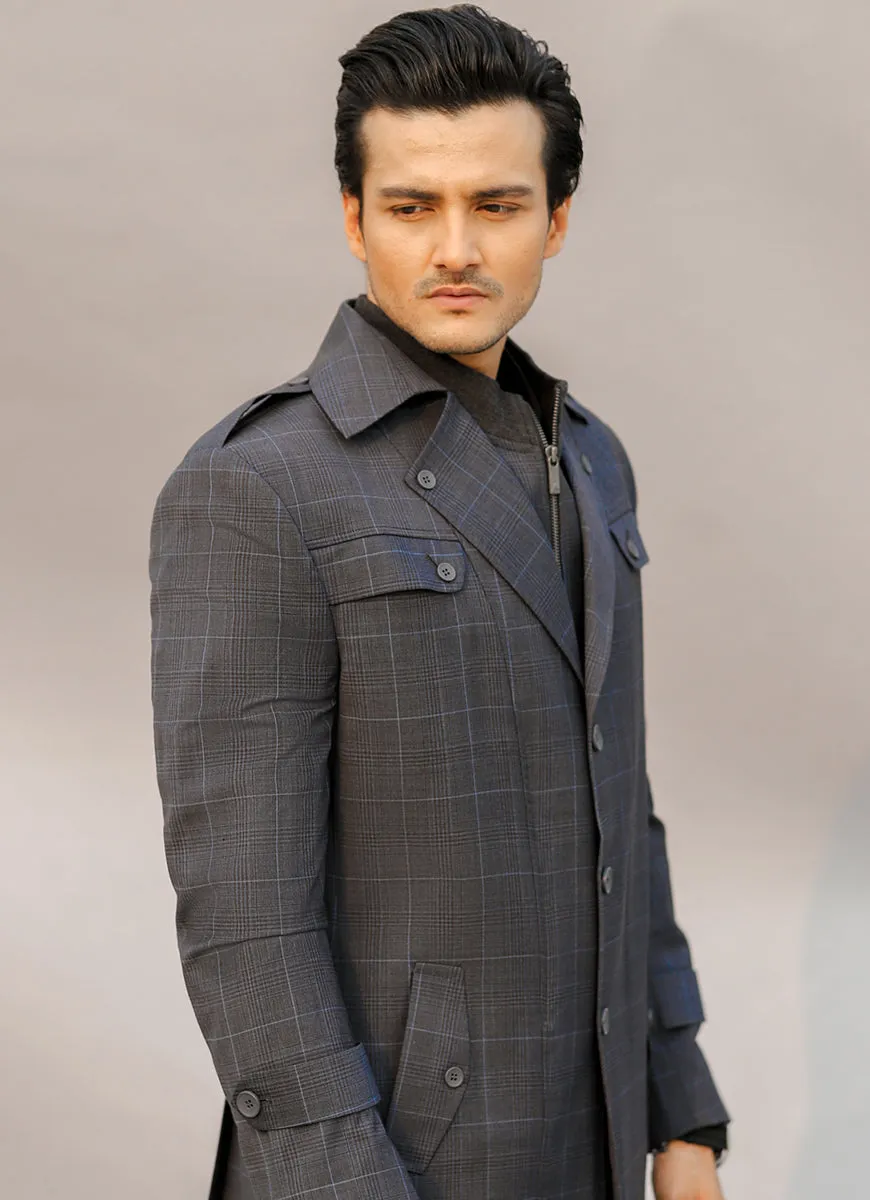 Glen Plain Checks-Charcoal Grey, Super 100s Merino Wool Double Jacket