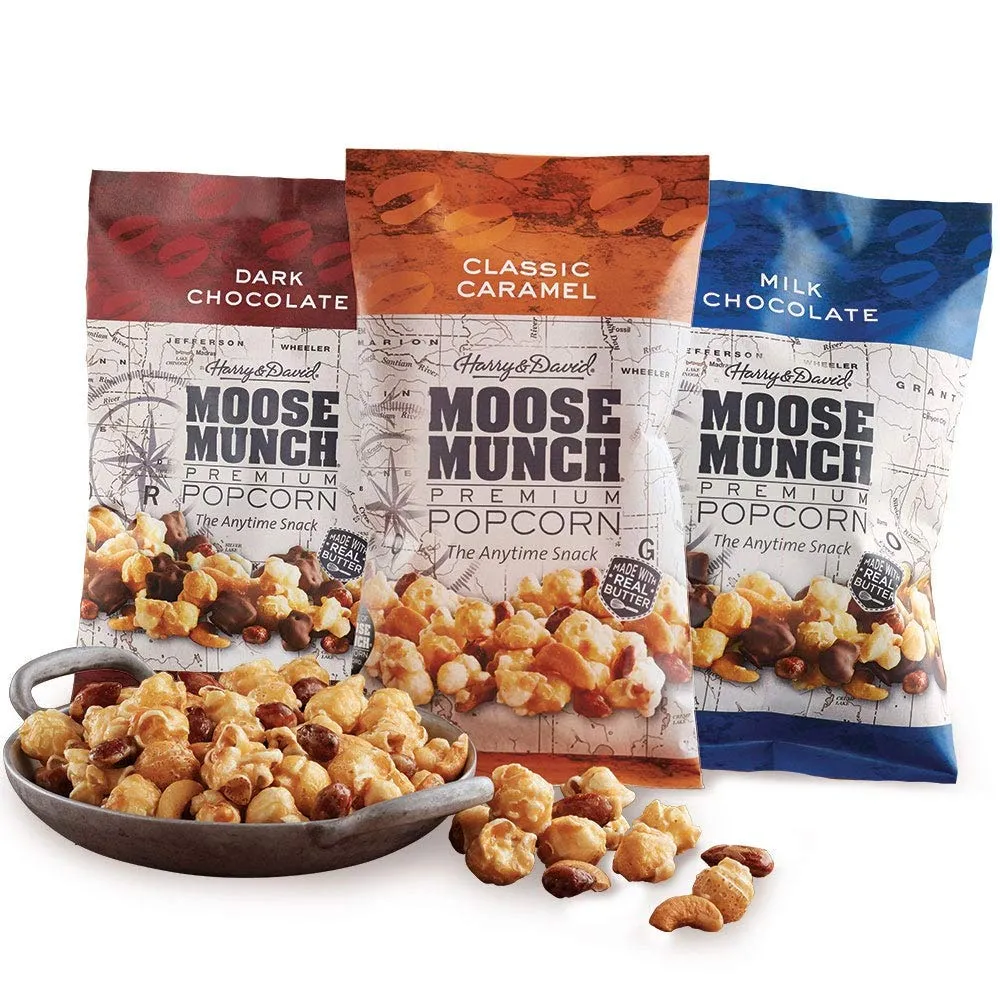 Harry & David Moose Munch Premium Popcorn 3 Flavor Variety Pack: Dark Chocolate, Classic Caramel, Milk Chocolate (8oz each)