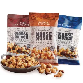 Harry & David Moose Munch Premium Popcorn 3 Flavor Variety Pack: Dark Chocolate, Classic Caramel, Milk Chocolate (8oz each)