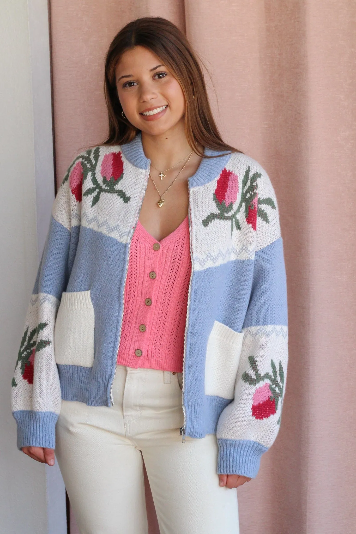 Long Sleeve Floral Sweater Jacket