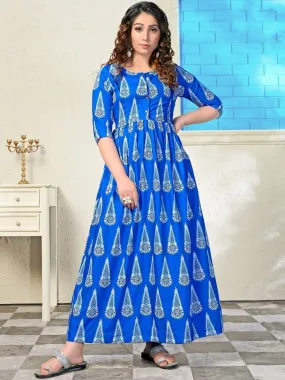 Printed Daily Wear Long Kurtis for Women Blue