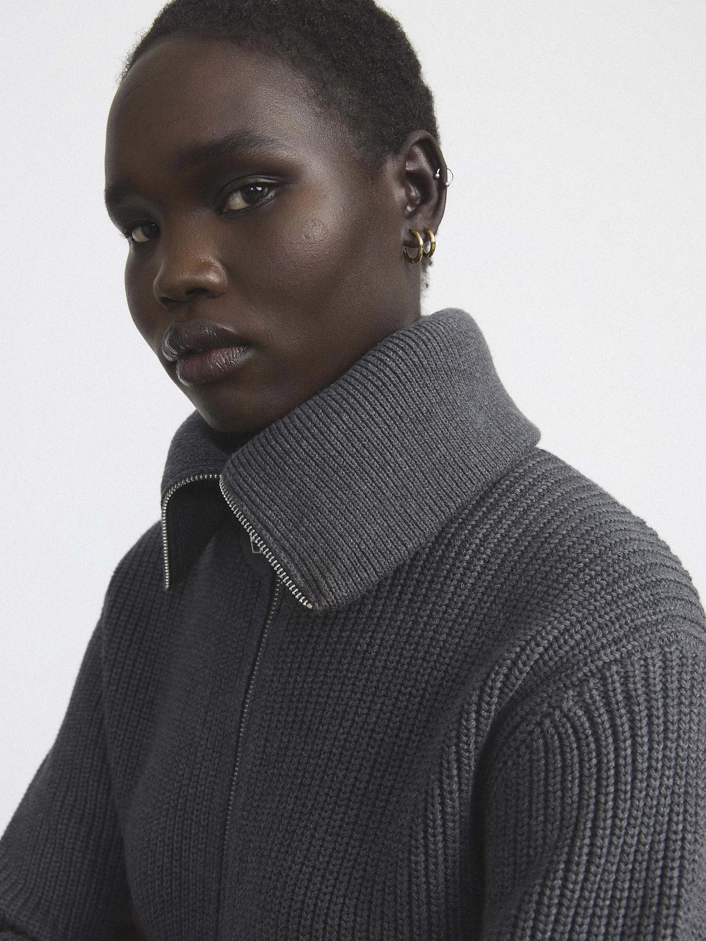 The Drop Collar Zip Up Cardigan in Cool Grey