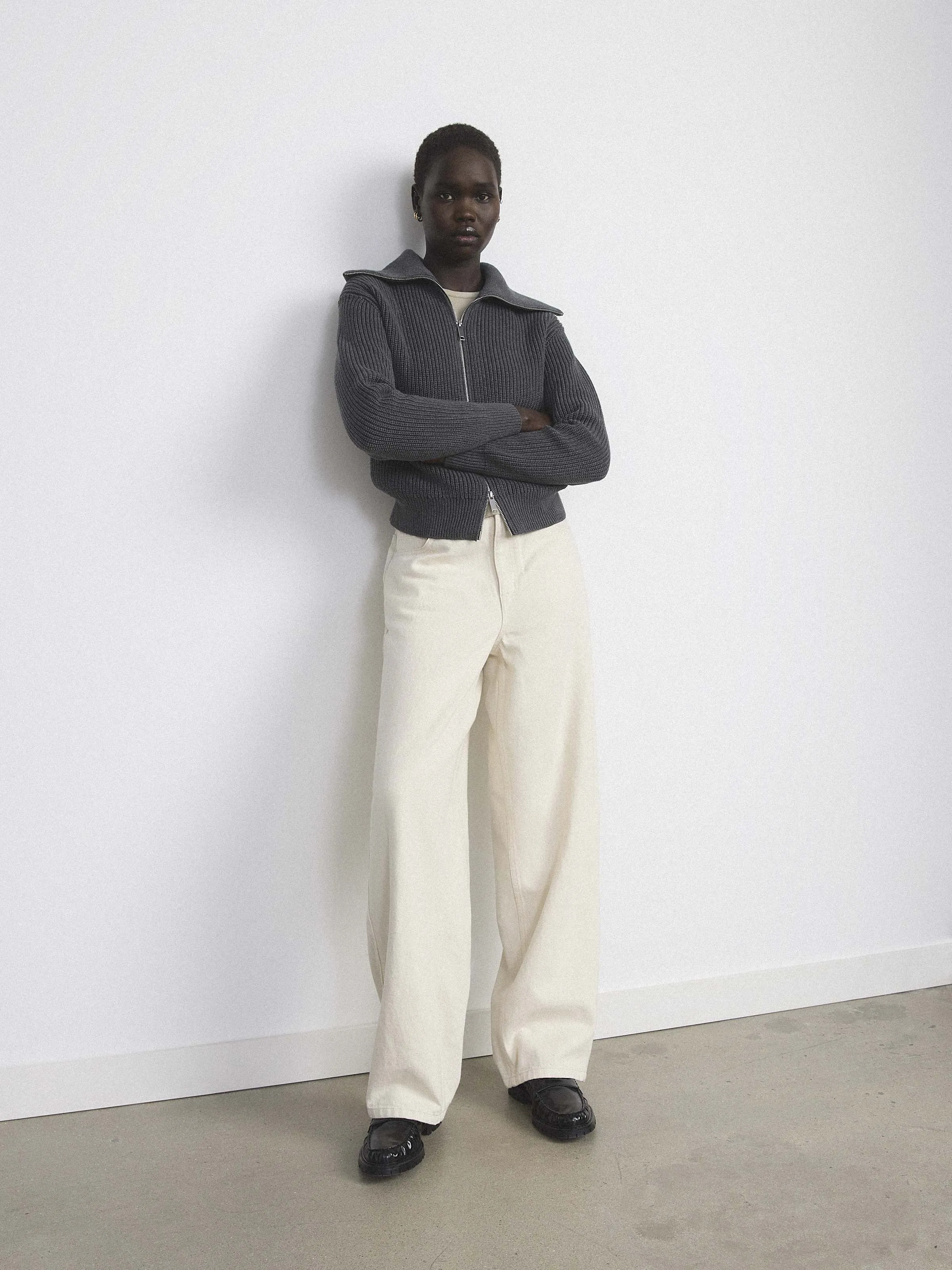 The Drop Collar Zip Up Cardigan in Cool Grey