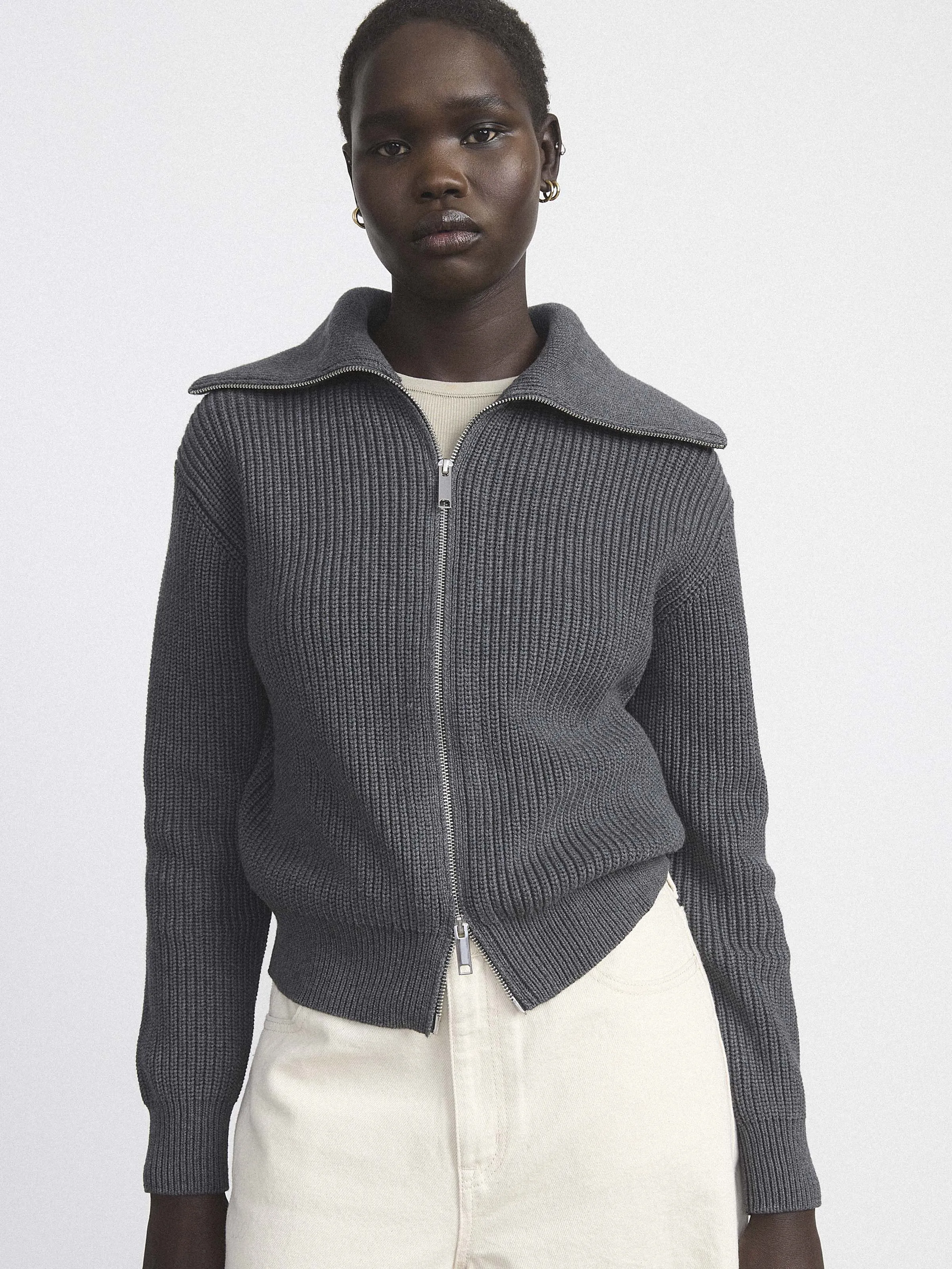 The Drop Collar Zip Up Cardigan in Cool Grey