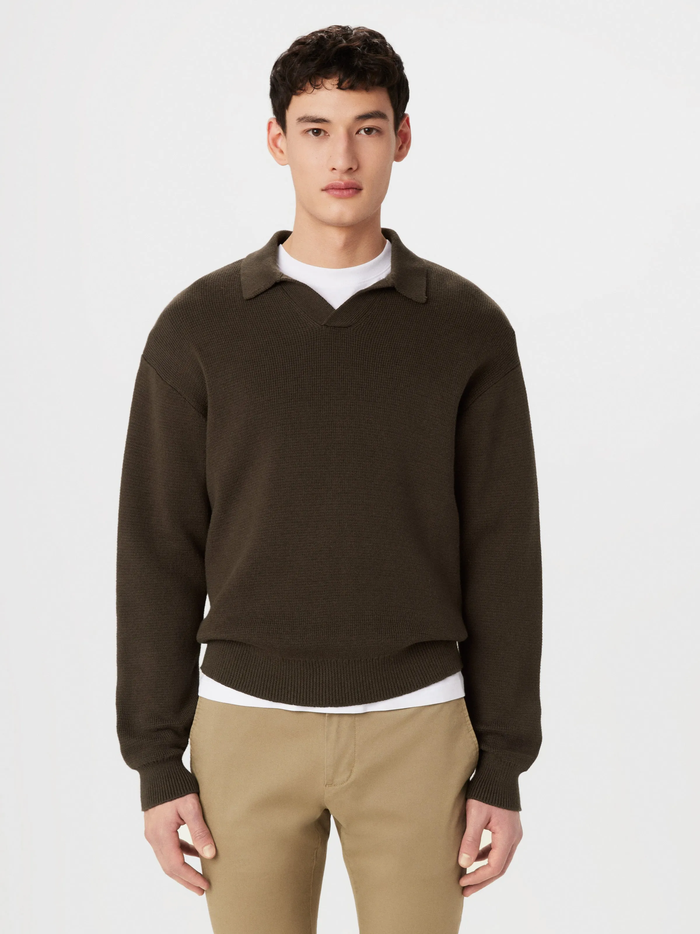 The Relaxed Johnny Collar Sweater in Dark Taupe