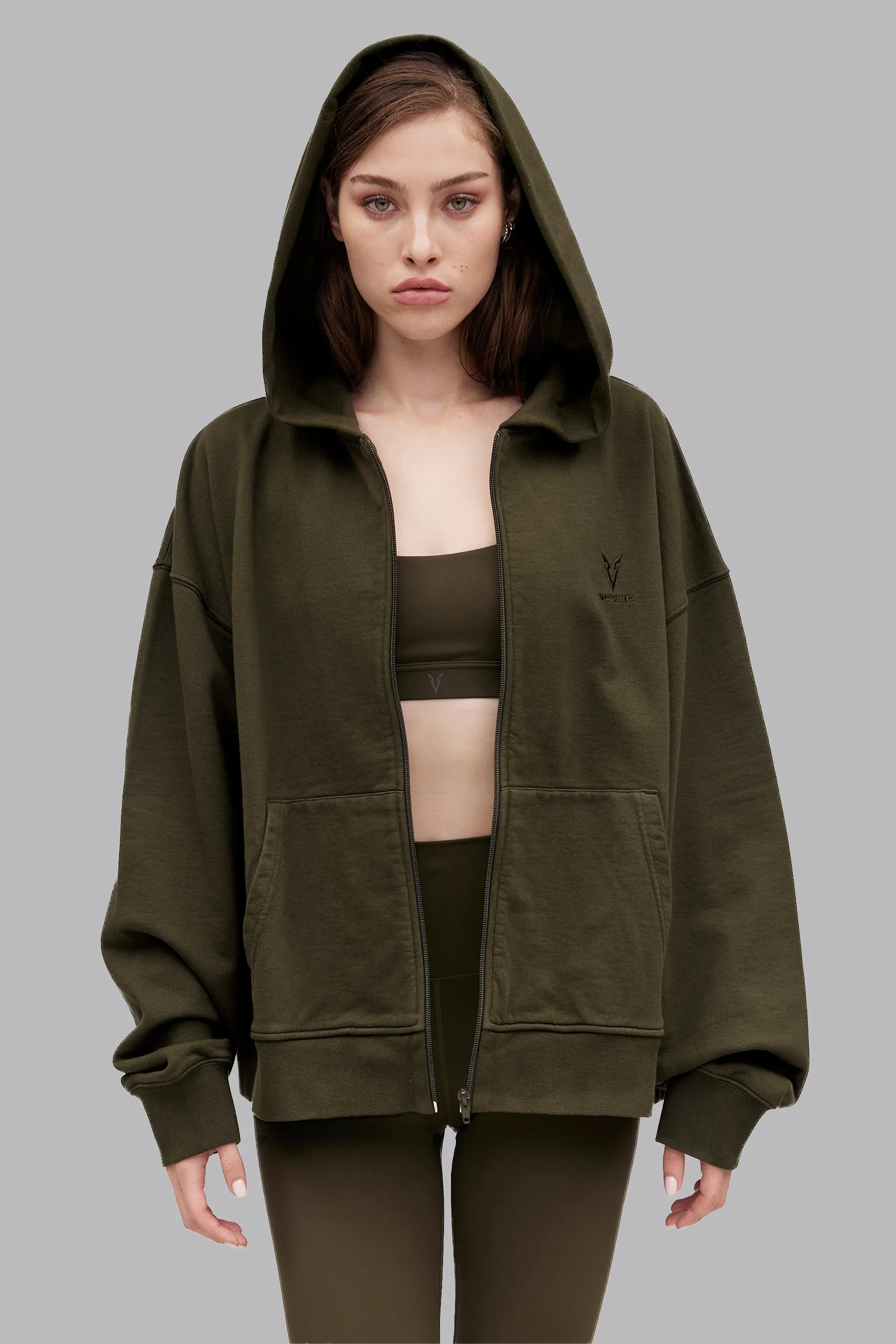 V_LYFE420 BOXY ZIP HOODIE - Khaki