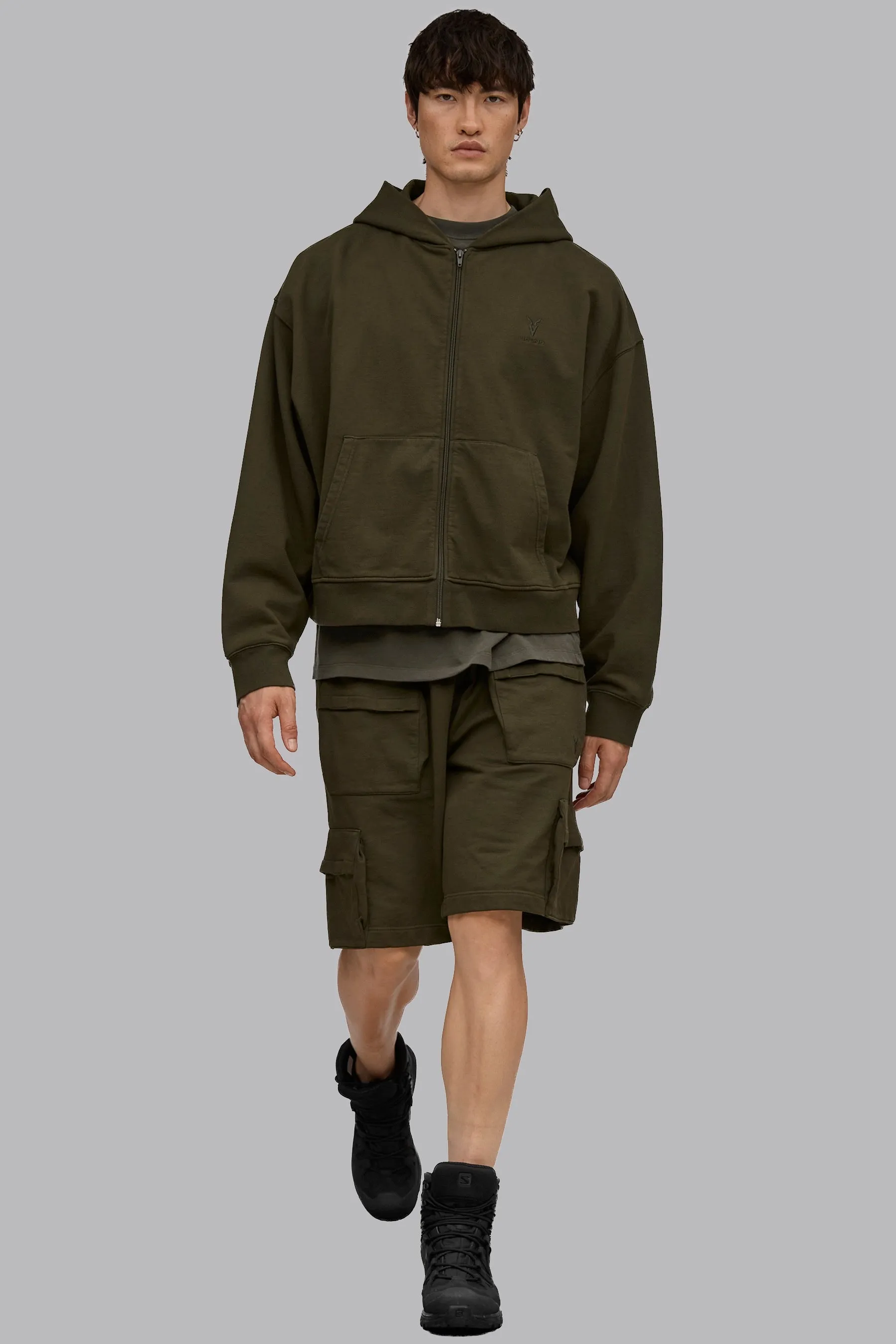 V_LYFE420 BOXY ZIP HOODIE - Khaki