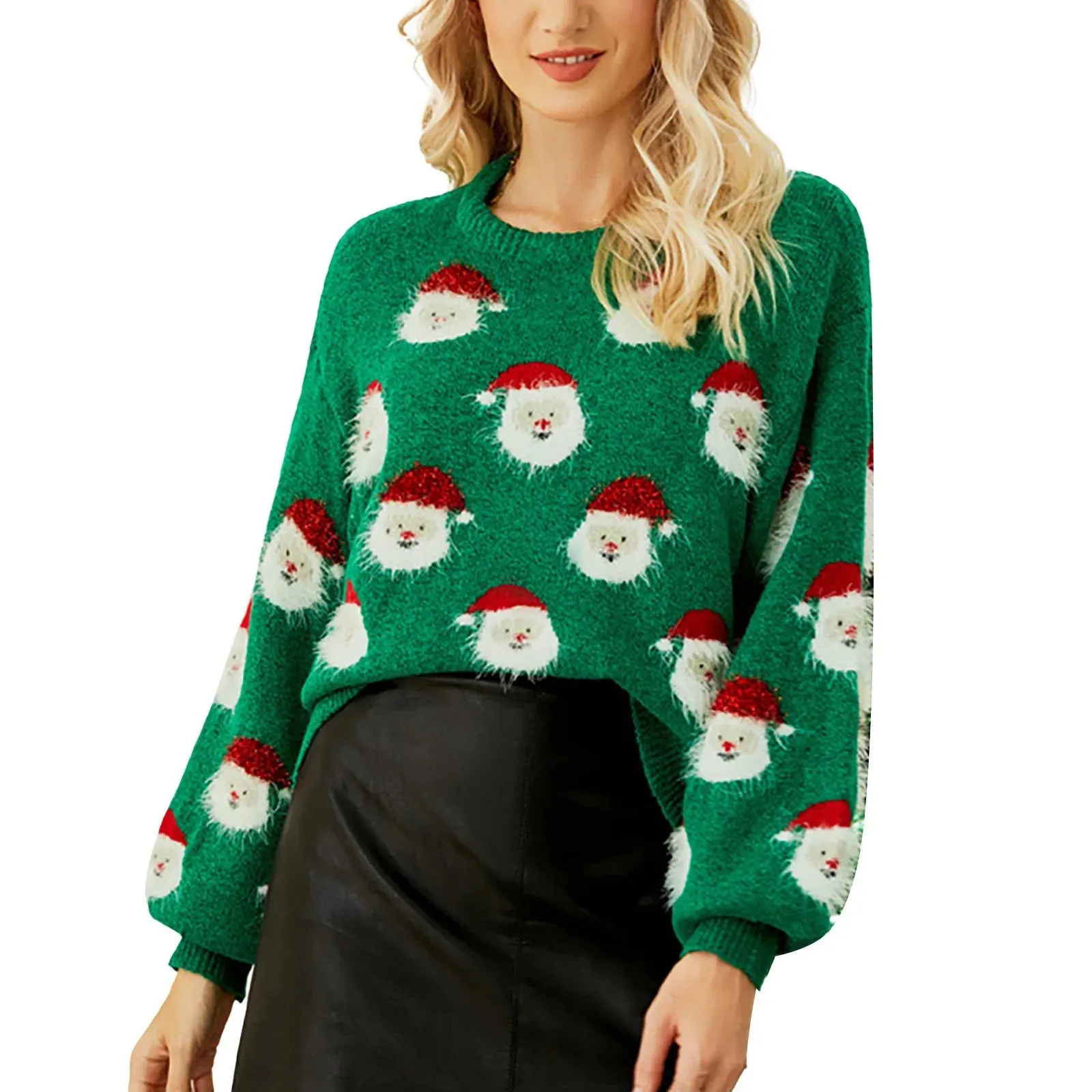 Wenkouban-Christmas Thanksgiving outfits_Cute Santa Head Pattern Winter Fleece CrewNeck Christmas Sweater