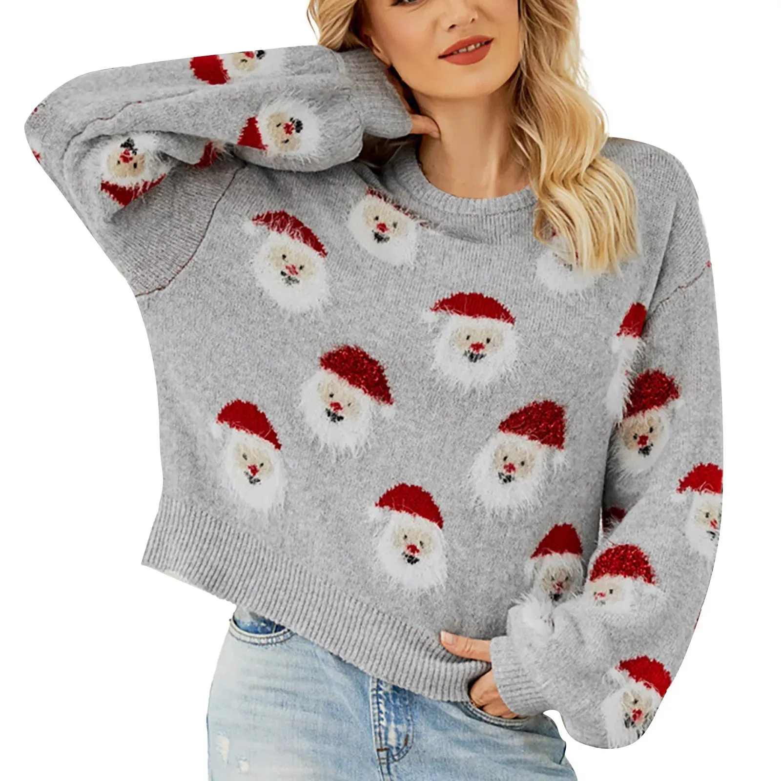Wenkouban-Christmas Thanksgiving outfits_Cute Santa Head Pattern Winter Fleece CrewNeck Christmas Sweater