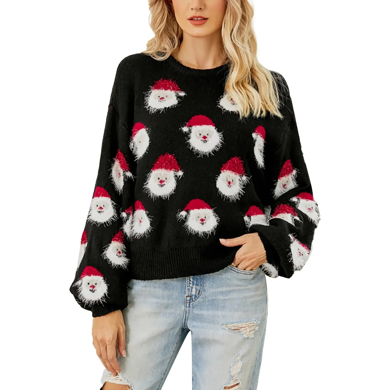 Wenkouban-Christmas Thanksgiving outfits_Cute Santa Head Pattern Winter Fleece CrewNeck Christmas Sweater