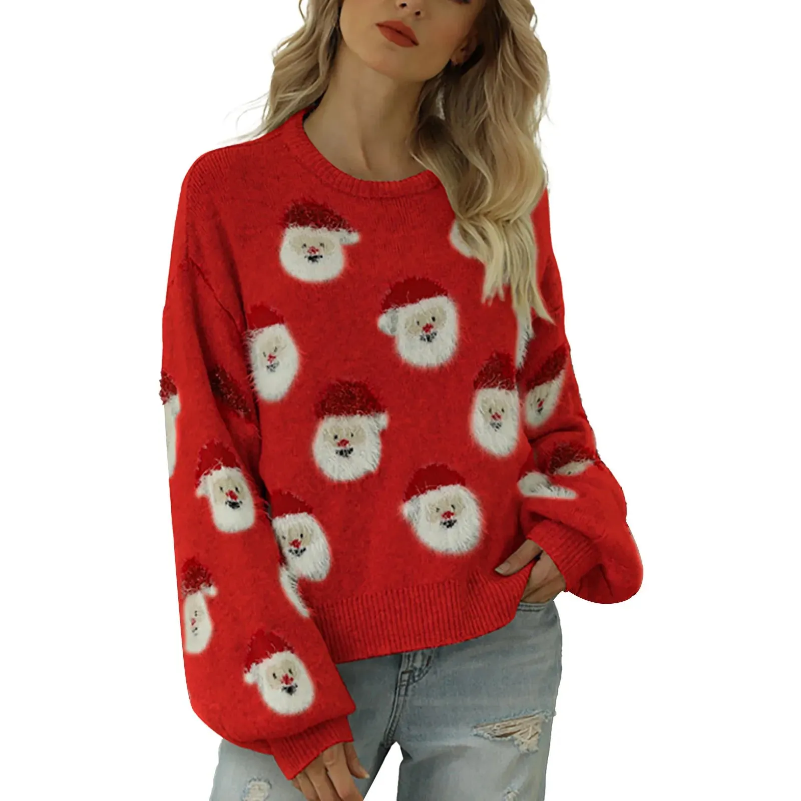 Wenkouban-Christmas Thanksgiving outfits_Cute Santa Head Pattern Winter Fleece CrewNeck Christmas Sweater