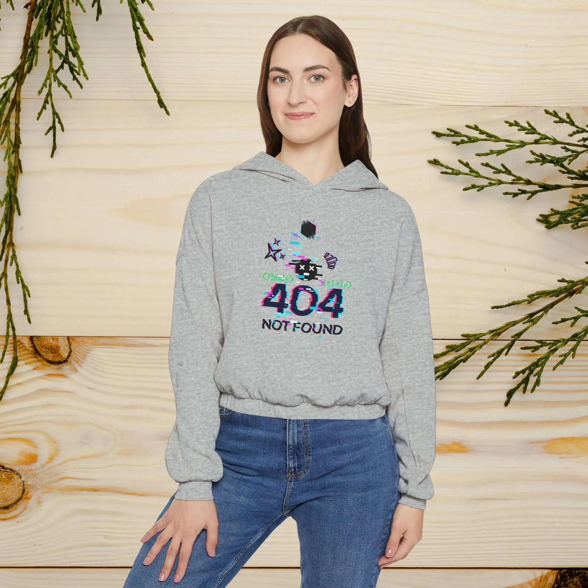 Women's Cinched Bottom Hoodie – Cybernetic Wings, Glitched 404 Face, Futuristic Data Queen Design