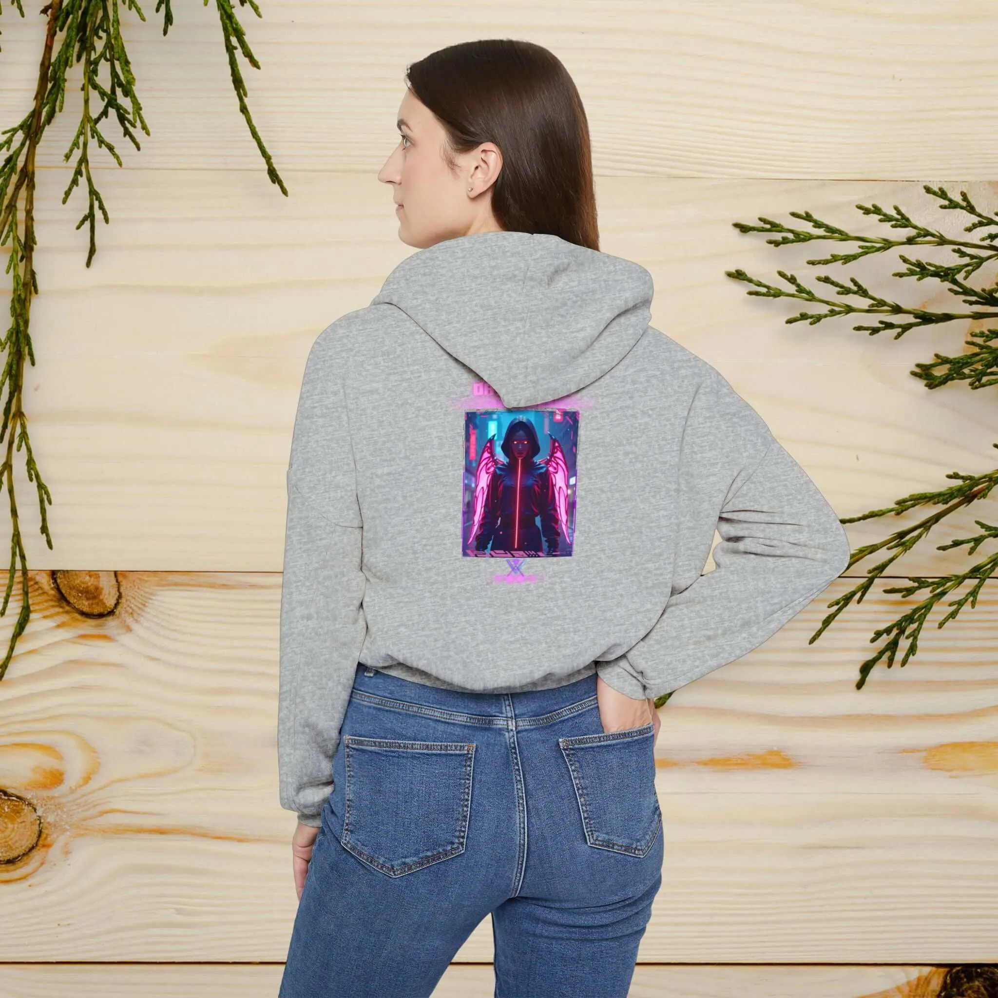 Women's Cinched Bottom Hoodie – Cybernetic Wings, Glitched 404 Face, Futuristic Data Queen Design