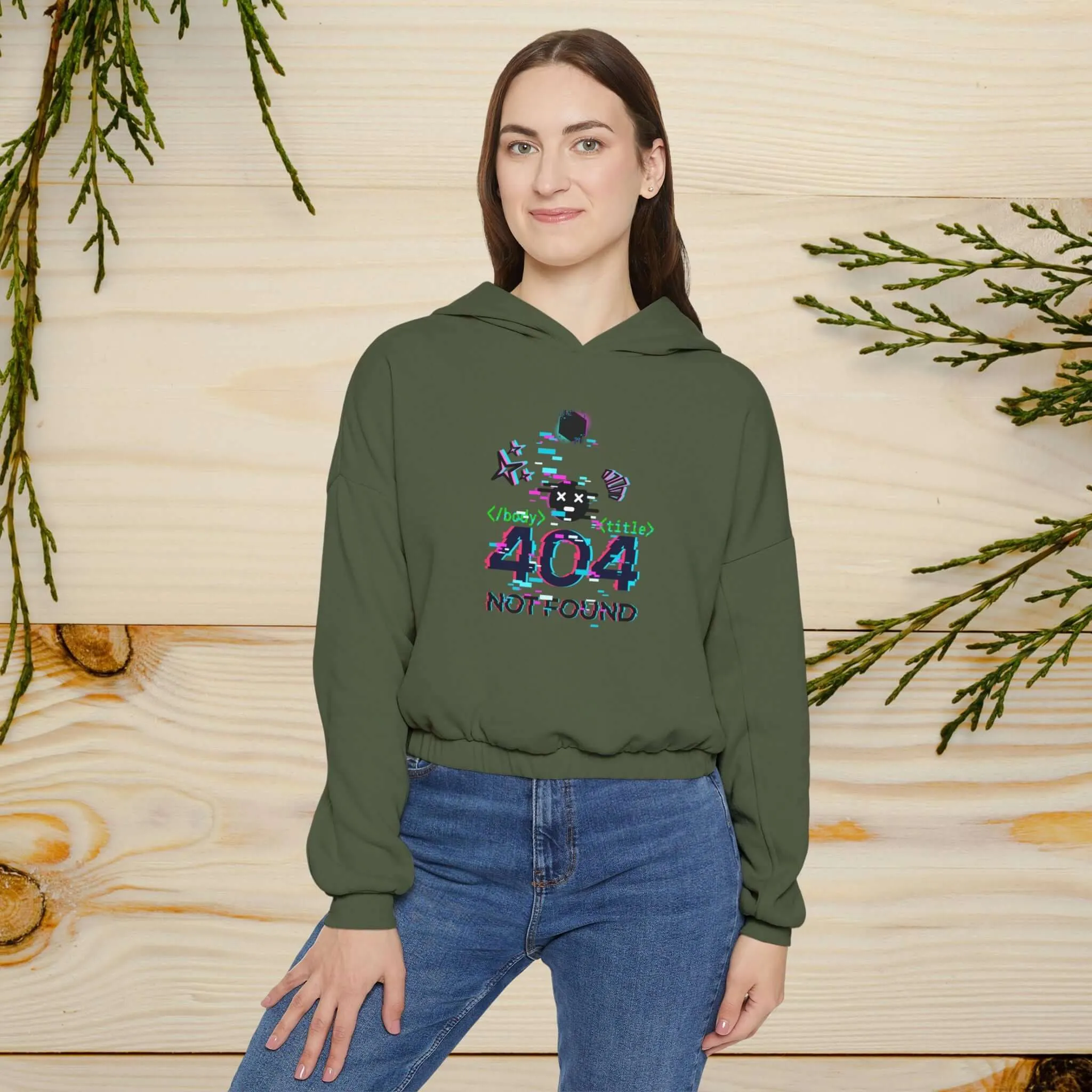 Women's Cinched Bottom Hoodie – Cybernetic Wings, Glitched 404 Face, Futuristic Data Queen Design