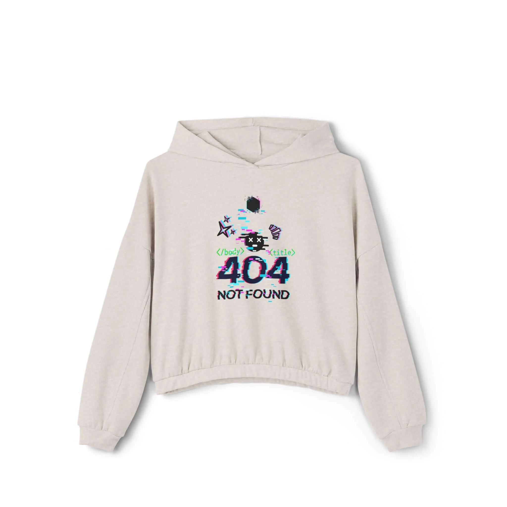 Women's Cinched Bottom Hoodie – Cybernetic Wings, Glitched 404 Face, Futuristic Data Queen Design