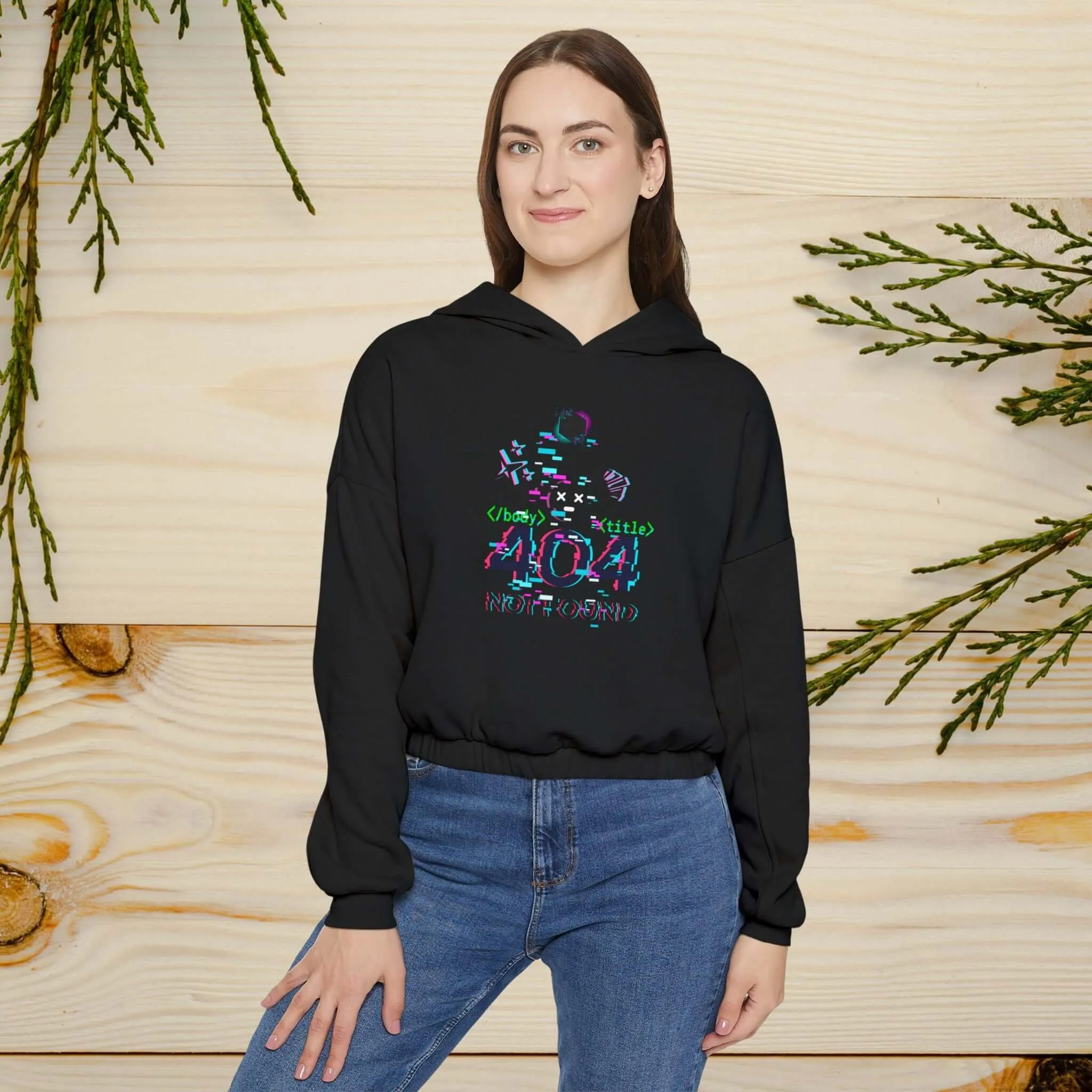 Women's Cinched Bottom Hoodie – Cybernetic Wings, Glitched 404 Face, Futuristic Data Queen Design