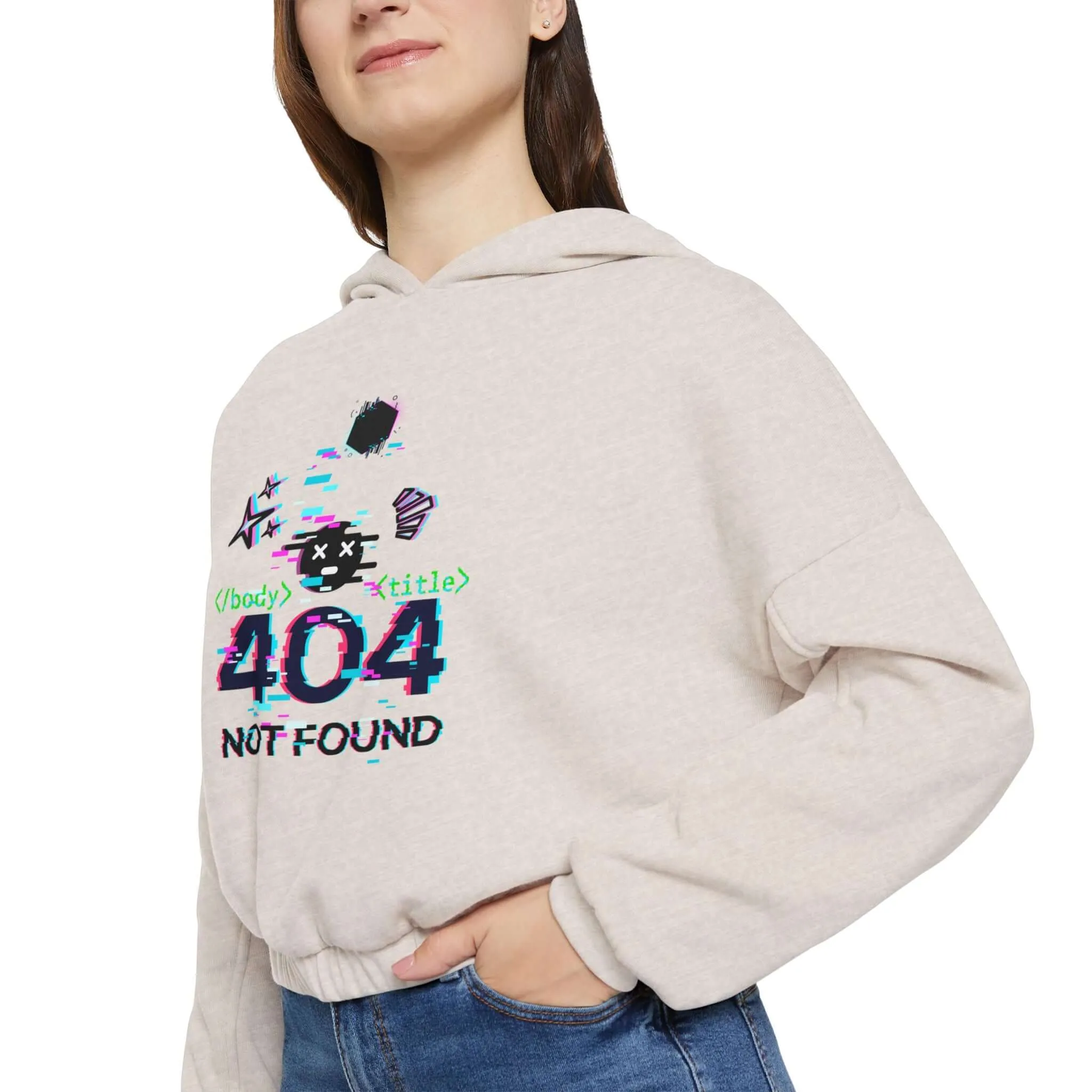 Women's Cinched Bottom Hoodie – Cybernetic Wings, Glitched 404 Face, Futuristic Data Queen Design
